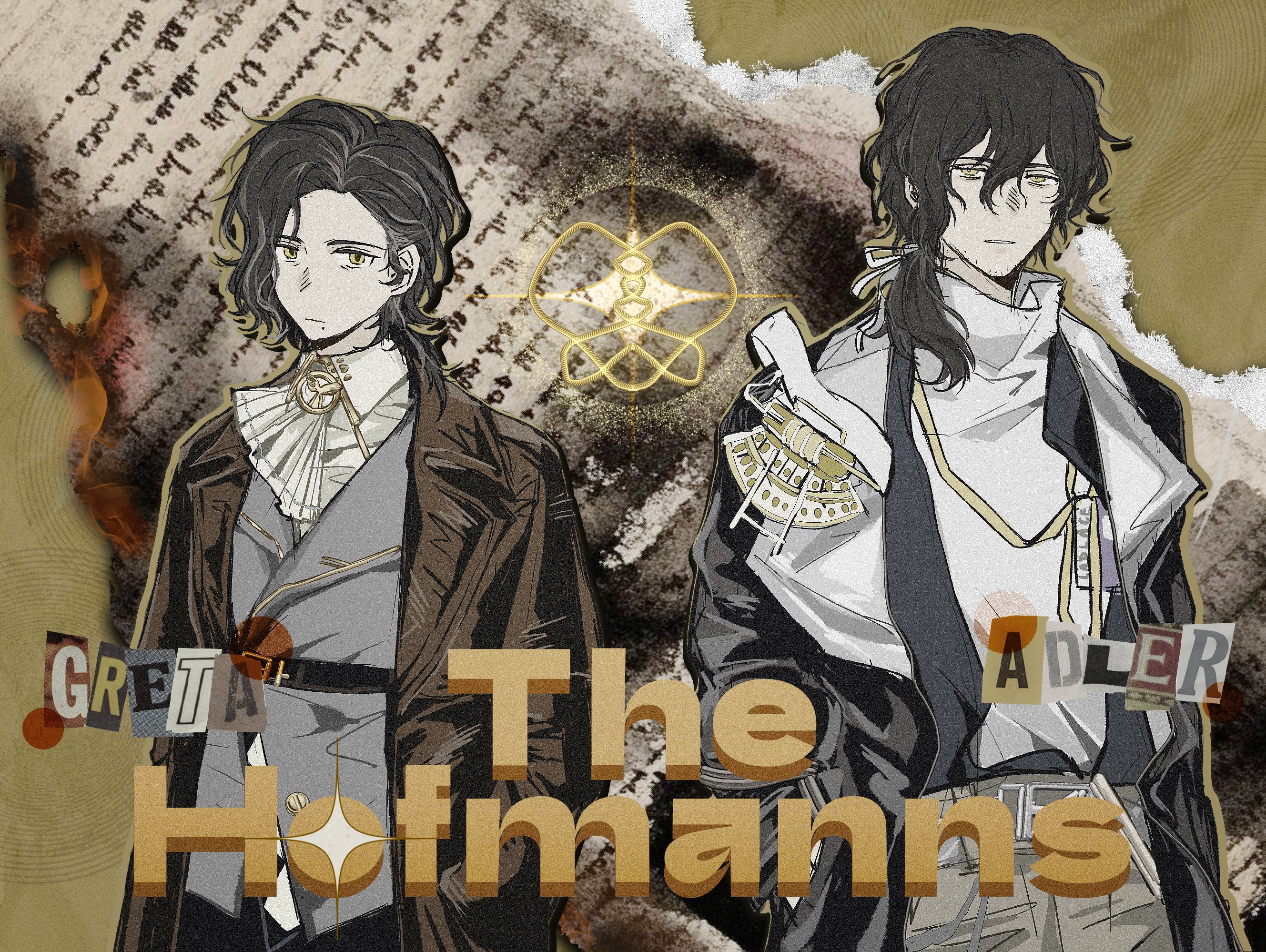 enigma (reverse:1999), greta hofmann, reverse:1999, highres, 1boy, 1girl, ascot, beard stubble, black coat, black hair, brother and sister, brown coat, burnt, character name, coat, english text, facial hair, grey coat, grey pants, hofmann knot, id card, low ponytail, medium hair, mole, mole under mouth, pants, ponytail, shirt, short ponytail, siblings, side-by-side, stubble, upper body, white ascot, white shirt, yamama (as cl3), yellow background, yellow eyes