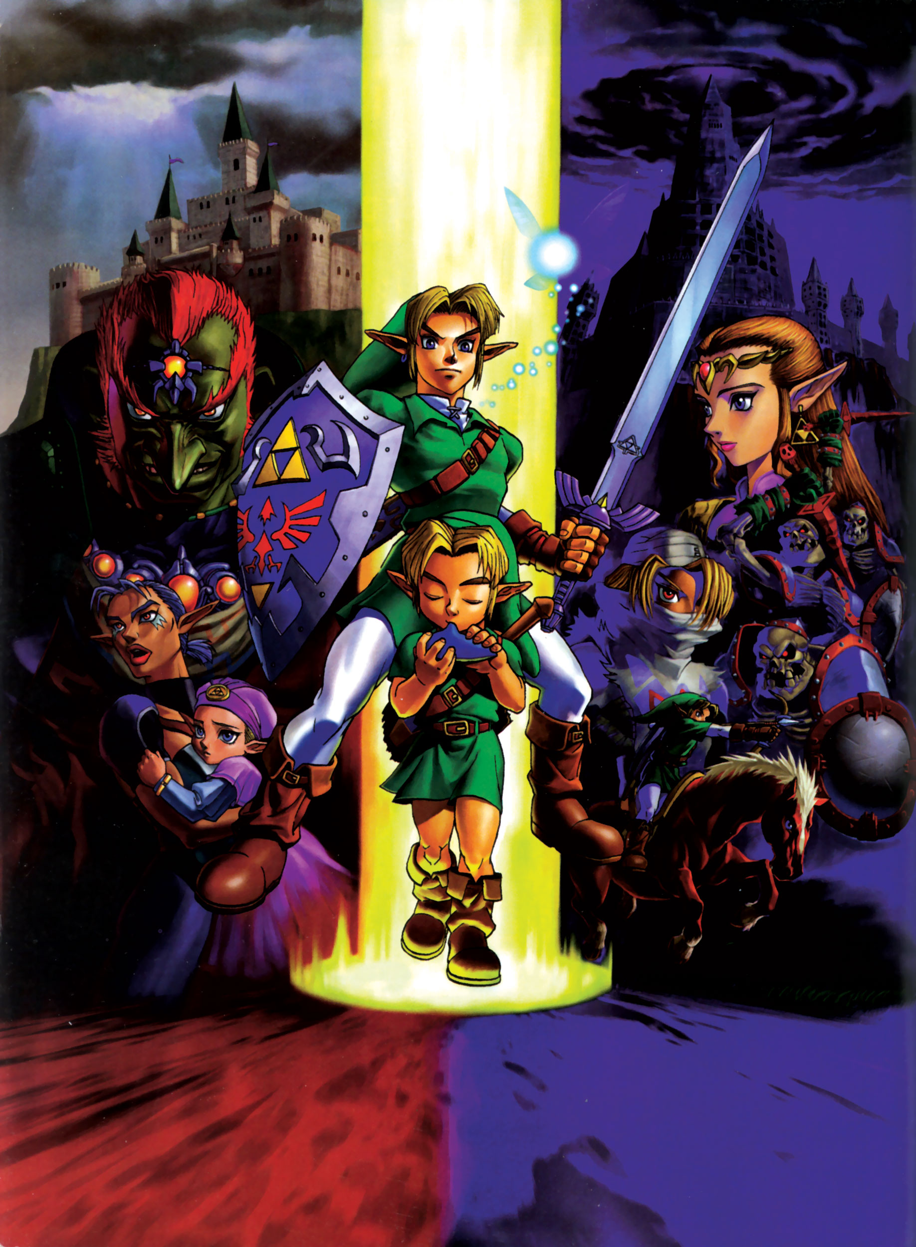 epona, ganondorf, impa, link, navi, princess zelda, sheik, young link, young zelda, nintendo, the legend of zelda, the legend of zelda: ocarina of time, absurdres, highres, official art, 3boys, 4girls, androgynous, belt, boots, bow (weapon), castle, cloud, dual persona, earrings, gerudo, holding, holding sword, holding weapon, hylian shield, instrument, jewelry, master sword, multiple boys, multiple girls, ocarina, pointy ears, reverse trap, shield, skeleton, stalfos knight, sword, tiara, weapon