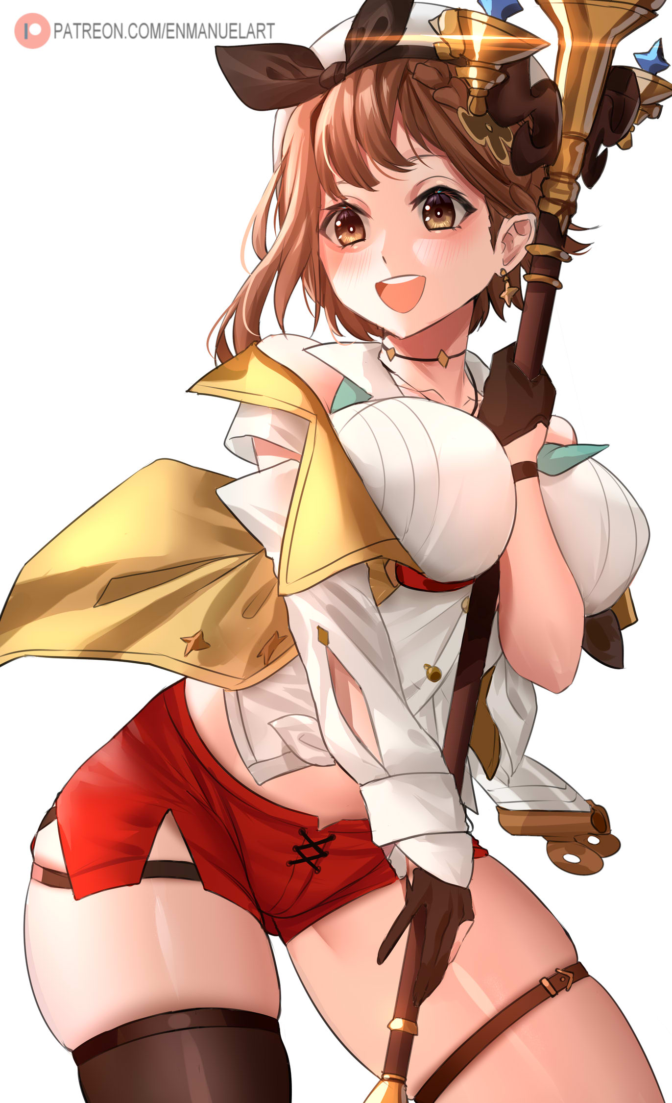 enma (enmanuelart), reisalin stout, atelier (series), atelier ryza, atelier ryza 2, commentary, english commentary, highres, unfinished, 1girl, :d, aqua neckerchief, arm between breasts, bare shoulders, between breasts, black bow, blush, bow, breasts, brown eyes, brown gloves, brown hair, brown thighhighs, collarbone, cowboy shot, eyelashes, garter straps, gloves, gluteal fold, hat, hat bow, holding, holding staff, jacket, large breasts, light blush, looking to the side, medium hair, midriff, neckerchief, open clothes, open jacket, open mouth, patreon logo, patreon username, red shorts, shirt, shorts, simple background, single garter strap, single thighhigh, skindentation, smile, solo, sparkle, staff, teeth, thick thighs, thighhighs, thighs, upper teeth only, white background, white hat, white shirt, yellow jacket