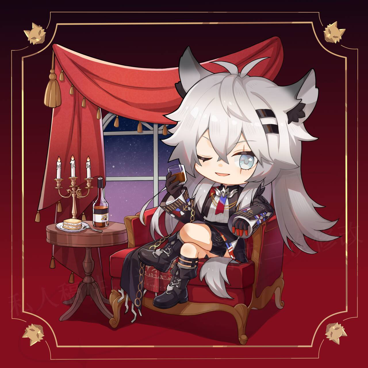 ryuu32, lappland (arknights), lappland the decadenza (arknights), arknights, highres, 1girl, animal ears, armchair, black boots, boots, bottle, candle, chair, chibi, cup, gloves, hair between eyes, holding, holding cup, long hair, looking at viewer, one eye closed, open mouth, scar, scar across eye, scar on face, solo, white hair, window, wolf ears, wolf girl