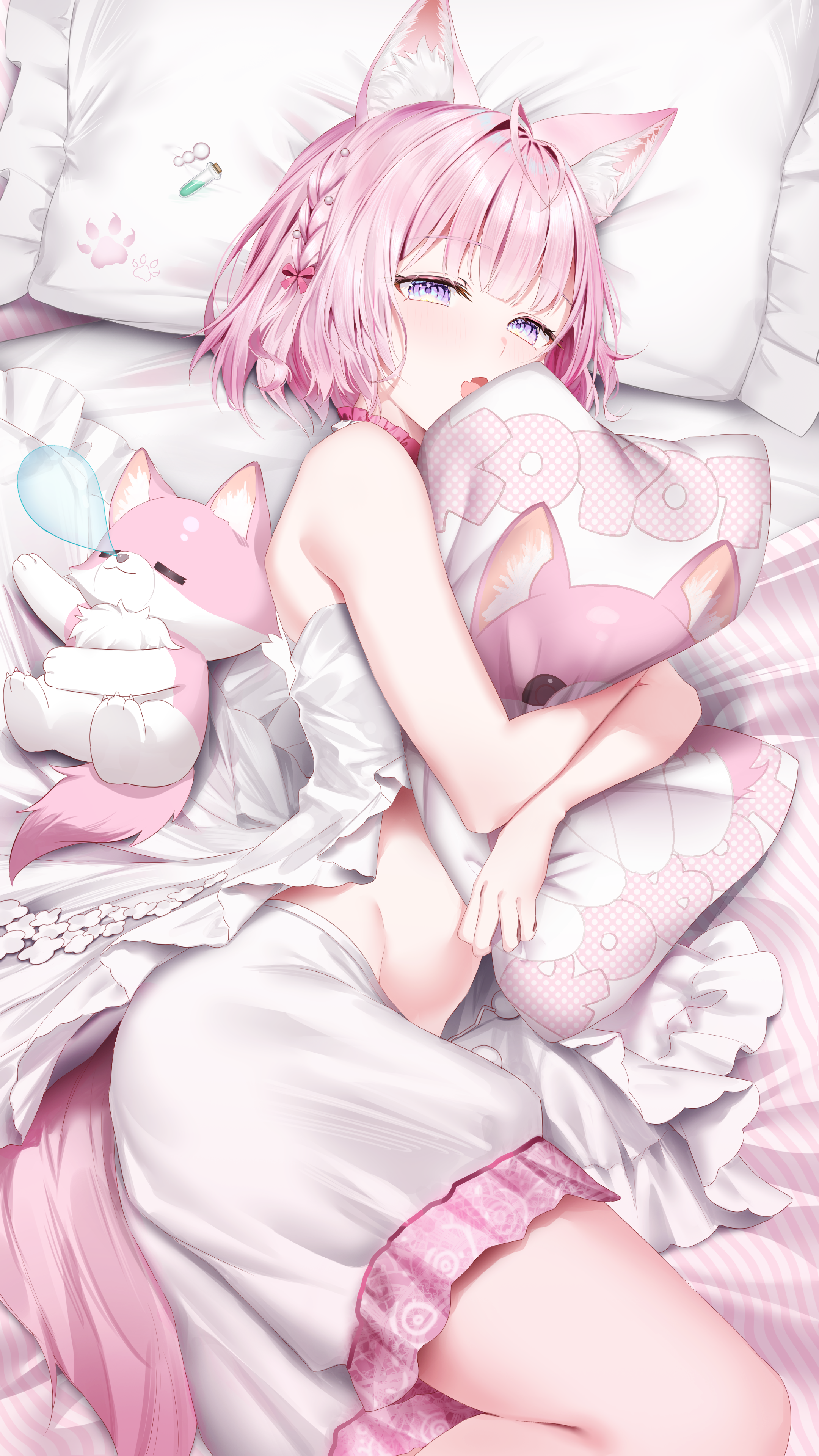 momose momo (100semomo), hakui koyori, hakui koyori (summer), kokoro (hakui koyori), hololive, absurdres, commentary, highres, 1girl, animal ears, antenna hair, bare shoulders, bed sheet, bloomers, blue eyes, blush, braid, character print, choker, fang, frilled choker, frills, gradient eyes, hair ornament, hair ribbon, hip bones, hugging object, lingerie, looking at viewer, lying, medium hair, multicolored eyes, negligee, nose bubble, on side, open mouth, paw print, pillow, pillow hug, pink choker, pink eyes, pink hair, pink ribbon, pink tail, pom pom (clothes), print pillow, ribbon, skin fang, sleeping, tail, thighs, two-tone choker, underwear, unworn hair ornament, virtual youtuber, white bloomers, white choker, white negligee, wolf ears, wolf girl, wolf tail