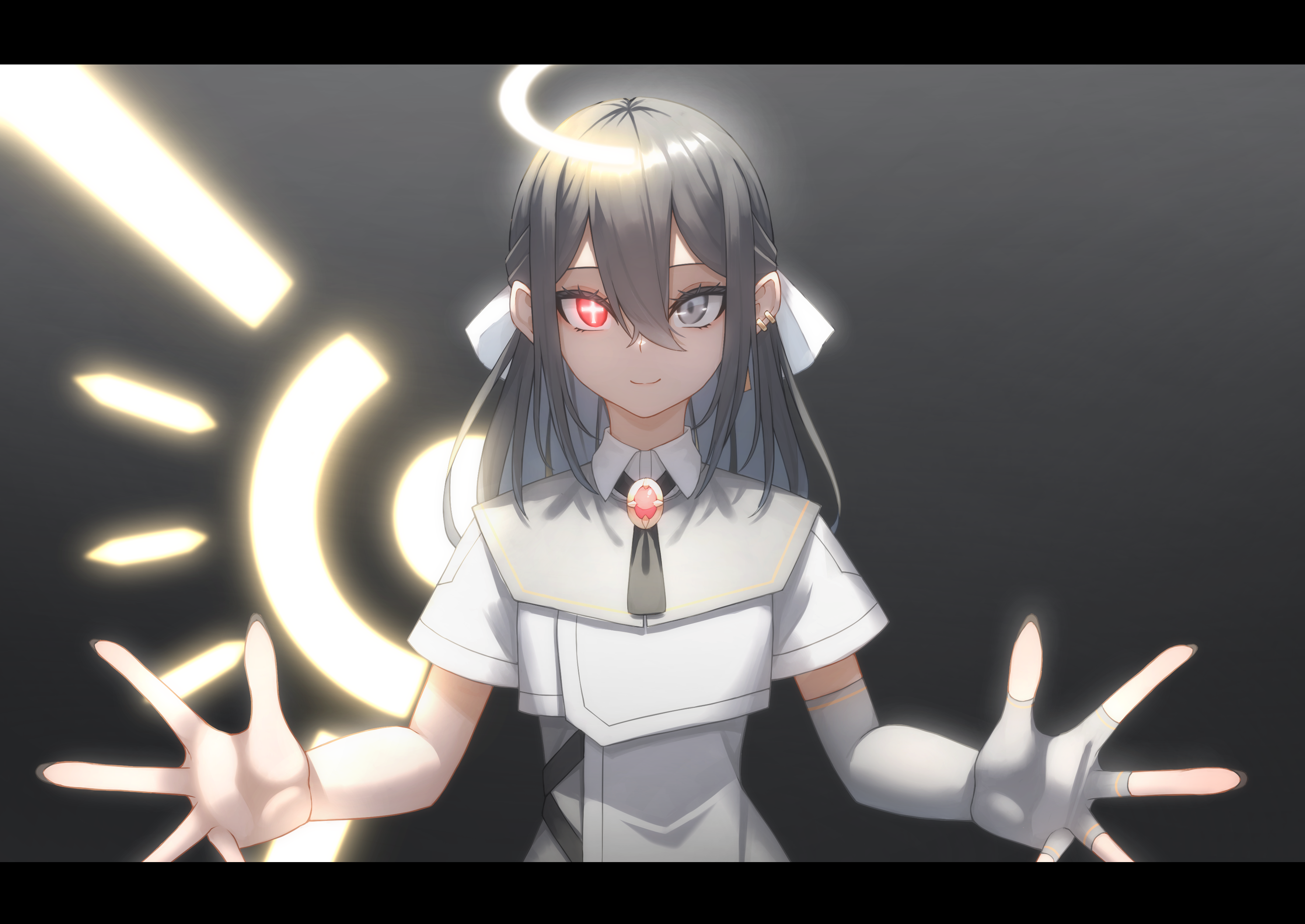 hoshi shimeji (yuki-e-toriusu1), original, absurdres, highres, 1girl, asymmetry, black hair, broken halo, cross-shaped pupils, earrings, elbow gloves, energy wings, fingerless gloves, gloves, glowing, glowing eye, grey background, grey eyes, hair ribbon, halo, heterochromia, jewelry, letterboxed, looking at viewer, red eyes, ribbon, single elbow glove, single fingerless glove, single wing, solo, straight-on, symbol-shaped pupils, white gloves, wings