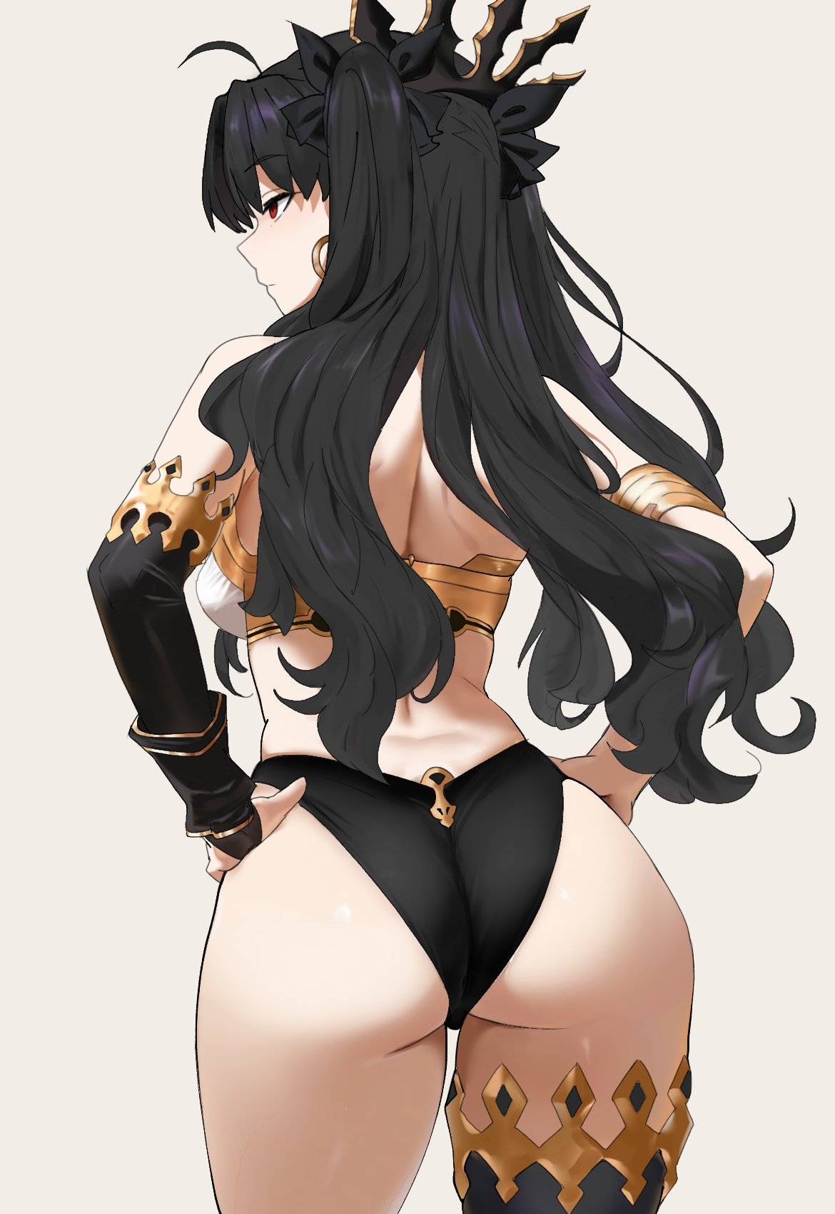 asoberis, ishtar (fate), fate/grand order, fate (series), commentary, highres, 1girl, ahoge, ass, back, bikini, black hair, breasts, cleavage, collarbone, crown, earrings, elbow gloves, gloves, gold, gold trim, hand on own hip, hoop earrings, jewelry, long hair, looking to the side, medium breasts, mismatched bikini, red eyes, simple background, single elbow glove, single thighhigh, stomach, swimsuit, thighhighs, two side up, very long hair, water, white background