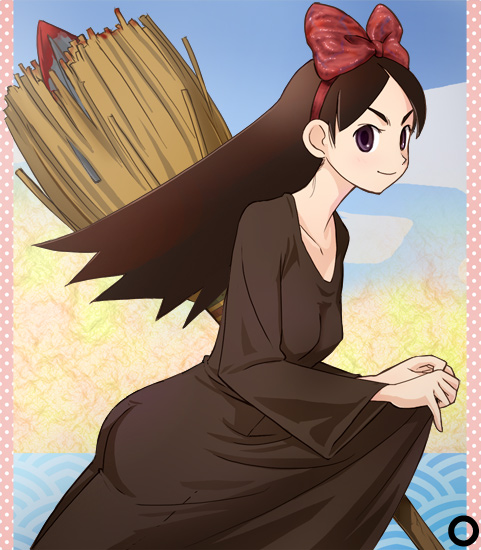 haruyama kazunori, kiki (majo no takkyuubin), kitsu chiri, majo no takkyuubin, sayonara zetsubou sensei, studio ghibli, 1girl, blood, bow, breasts, broom, brown hair, cosplay, female focus, hair bow, hairband, kiki (majo no takkyuubin) (cosplay), long hair, parted bangs, purple eyes, shovel, solo, witch, worktool