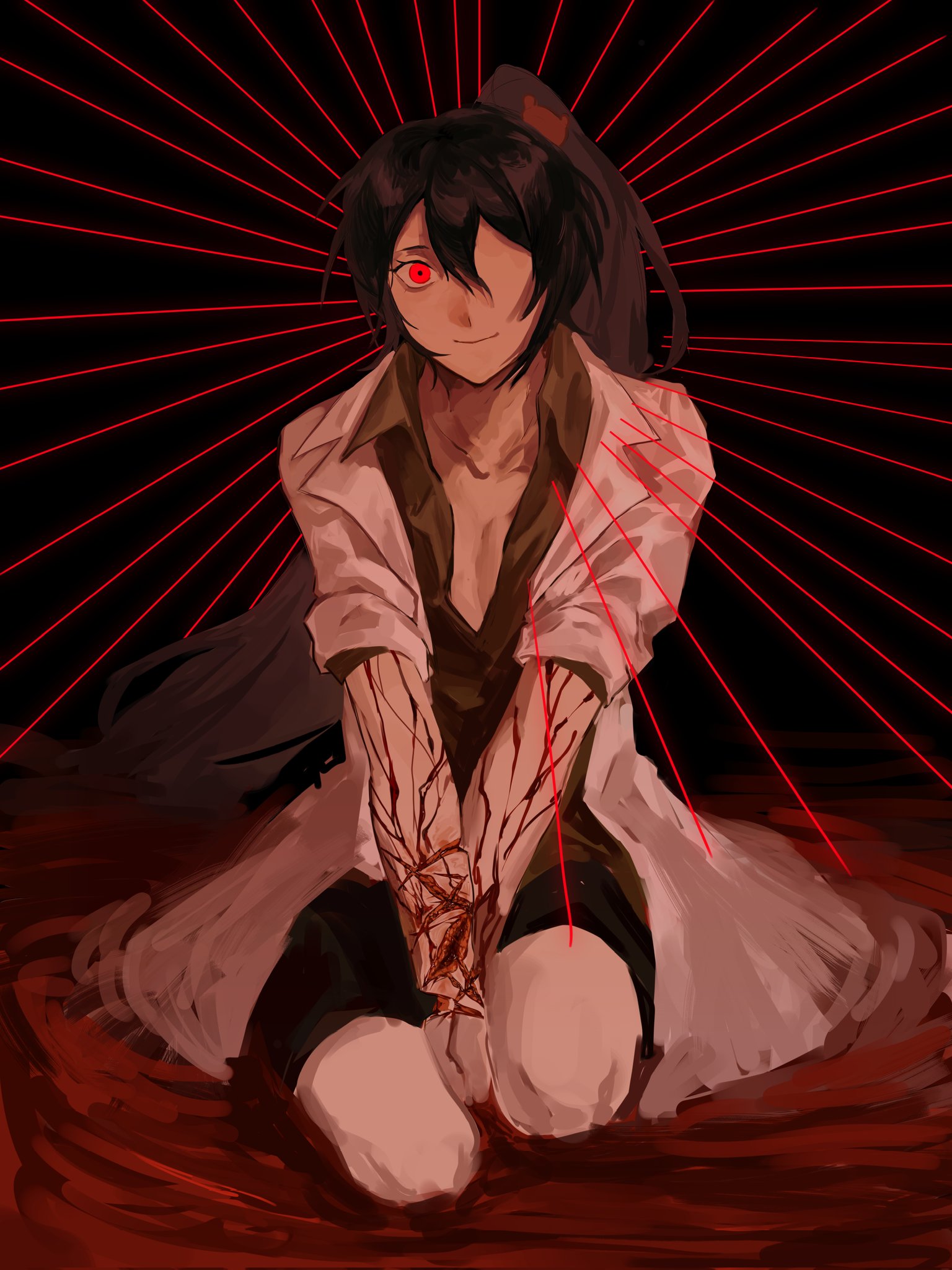 meptbey, carmen (project moon), lobotomy corporation, project moon, highres, 1girl, black hair, black shirt, blood, breasts, cleavage, coat, collared shirt, colored veins, double-parted bangs, full body, hair between eyes, high ponytail, long hair, looking at viewer, on ground, ponytail, pool of blood, red eyes, seiza, self-harm, severed hand, shirt, sitting, smile, solo, very long hair, white coat, wrist cutting