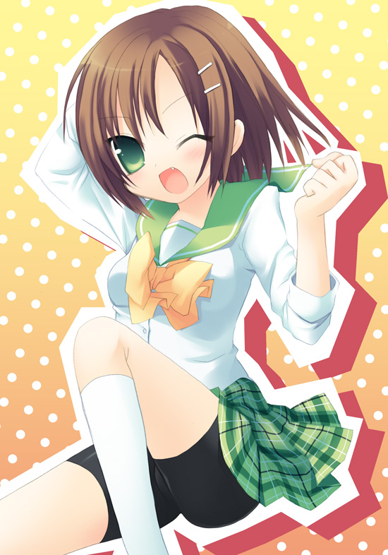 sazaki ichiri, bike shorts, brown hair, fang, green eyes, hair ornament, hairclip, one eye closed, plaid clothes, plaid skirt, school uniform, serafuku, short hair, skirt, solo, wink