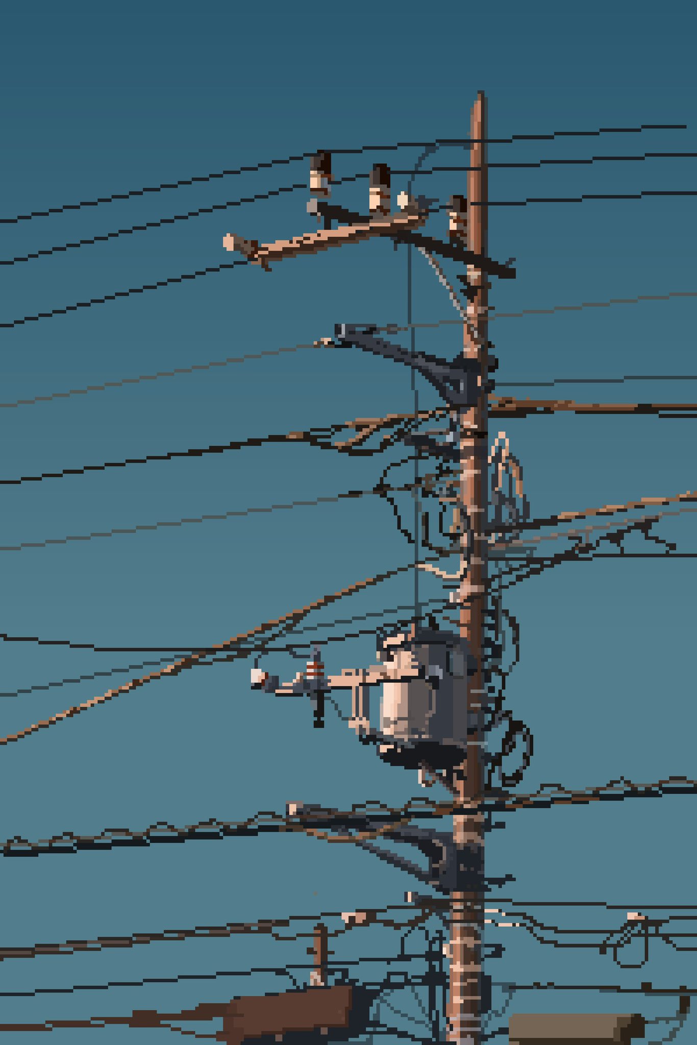 hisachan55cute, original, highres, blue sky, clear sky, day, no humans, outdoors, pixel art, pole, power lines, scenery, simple background, sky, sunrise, tangled cord, utility pole, wire