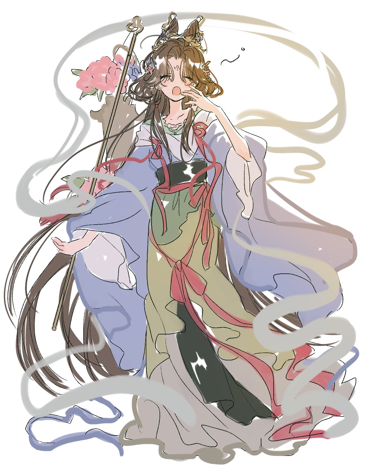 jiu niangzi, jiu niangzi (blossom spring fairy), reverse:1999, highres, 1girl, 8ru, black hair, chinese clothes, closed eyes, cone hair bun, double bun, facing viewer, full body, hagoromo, hair bun, hand up, hanfu, holding, holding lantern, lantern, long hair, long skirt, long sleeves, official alternate costume, open mouth, parted bangs, purple hanfu, shawl, sketch, skirt, solo, squeans, standing, very long hair, white background, white shawl, wide sleeves, yawning, yellow skirt