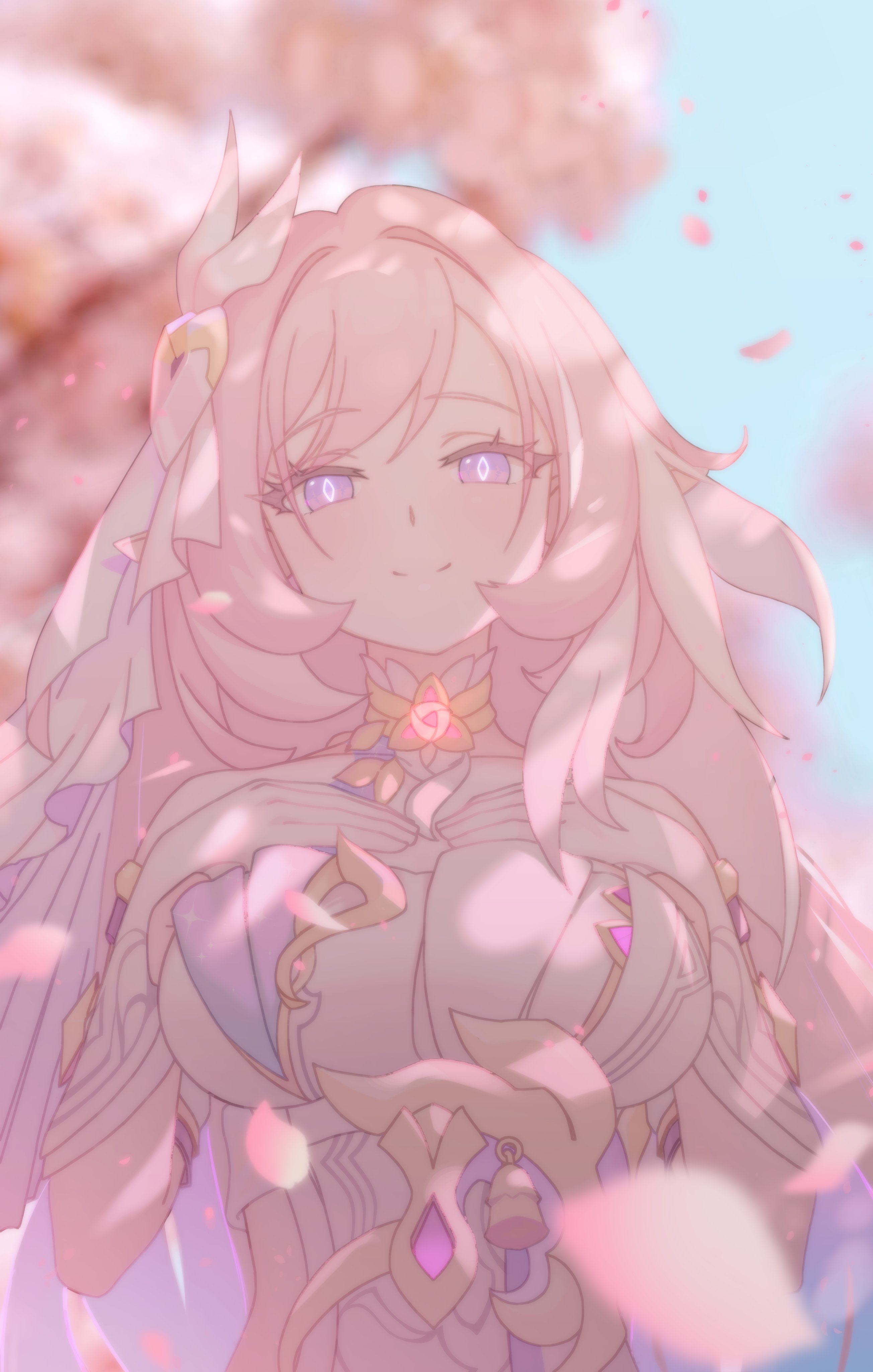 elysia (herrscher of human: ego) (honkai impact), elysia (honkai impact), honkai (series), honkai impact 3rd, absurdres, hashtag-only commentary, highres, 1girl, blue sky, breasts, cherry blossoms, corset, diamond-shaped pupils, diamond (shape), gloves, hand on own chest, large breasts, long hair, looking at viewer, outdoors, pink hair, purple eyes, sky, smile, solo, symbol-shaped pupils, thepr0ud, triquetra, upper body, veil, very long hair, white corset, white gloves, white veil