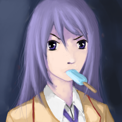 aoi sena, chaos;head, science adventure, lowres, 00s, food, ice cream, long hair, oekaki, purple eyes, purple hair, school uniform, serafuku, solo