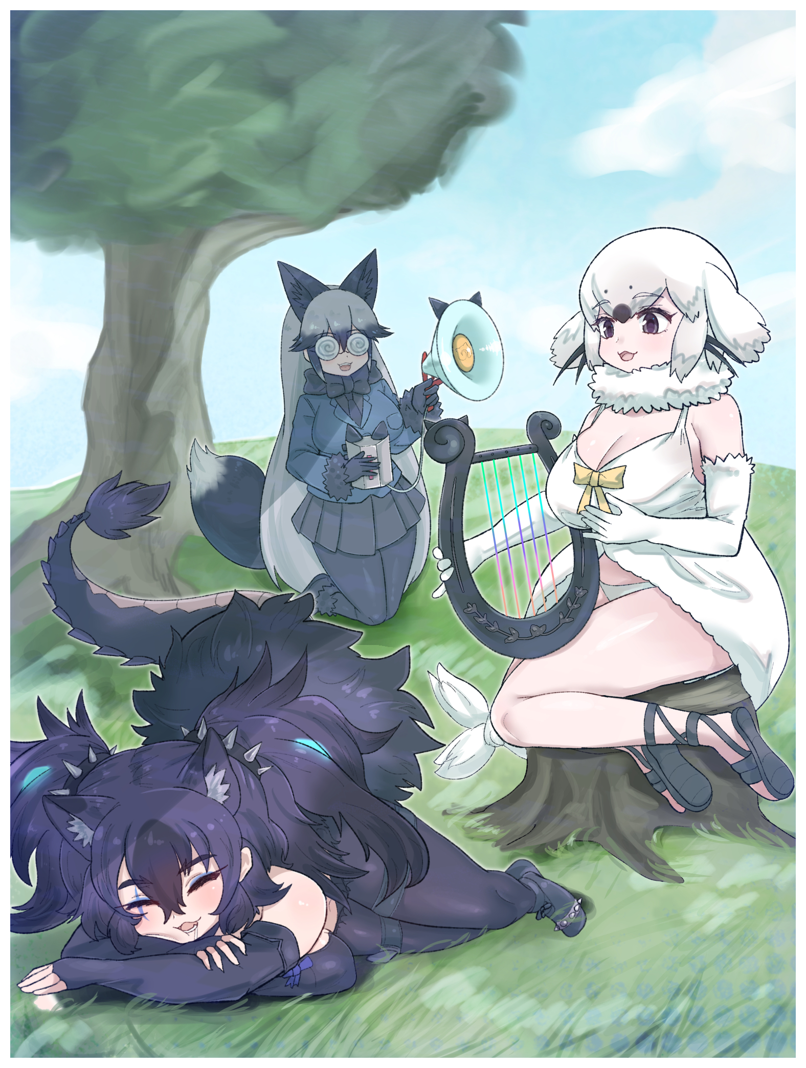 aramaru, cerberus (kemono friends), harp seal (kemono friends), silver fox (kemono friends), kemono friends, highres, 3girls, @ @, animal ears, babydoll, bare shoulders, bikini, black bow, black bowtie, black fur, black gloves, black hair, black necktie, black pantyhose, black sandals, black shirt, black skirt, blue hair, blue jacket, bow, bowtie, brown eyes, coke-bottle glasses, dog ears, dog girl, dog tail, elbow gloves, fingerless gloves, fins, fox ears, fox girl, fox tail, fur trim, gladiator sandals, glasses, gloves, grass, grey hair, hair between eyes, harp, head fins, instrument, jacket, kneeling, long hair, long sleeves, multicolored hair, multiple girls, necktie, pantyhose, pleated skirt, sandals, scar, scar across eye, scar on face, seal girl, shirt, short twintails, sidelocks, sitting, skirt, sleeping, strapless, swimsuit, tail, tree, tube top, twintails, two-tone hair, white babydoll, white bikini, white gloves, white hair