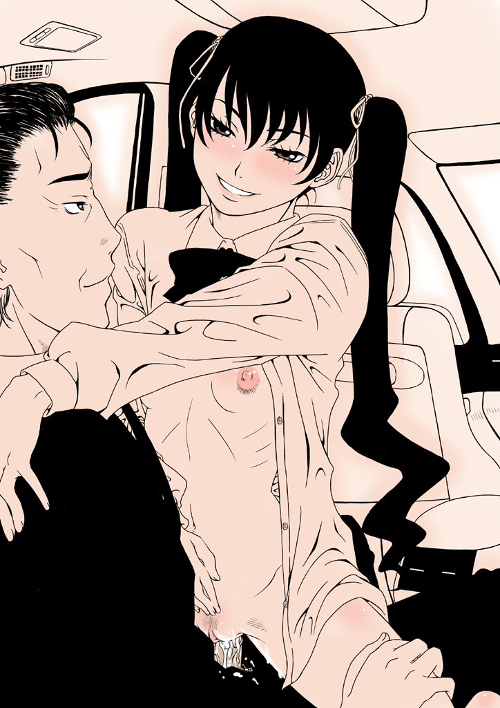 gusu, original, bad id, bad pixiv id, 1boy, 1girl, blush, brown eyes, car, car interior, cum, cum in pussy, female pubic hair, flat chest, happy sex, hetero, loli, long hair, monochrome, motor vehicle, multitasking, nipples, open clothes, open shirt, penis, pink theme, pubic hair, sepia, sex, shirt, smile, spot color, straddling, twintails, uncensored, upright straddle, vaginal