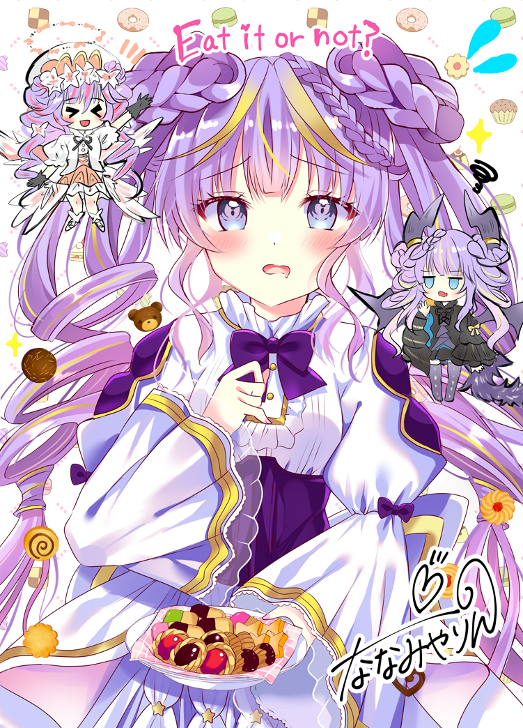 bitter crown, angello vaalmonica, dimonno vaalmonica, selettrice vaalmonica, yu-gi-oh!, > <, 3girls, angel, angel and devil, angel wings, arm up, black dress, black gloves, blush, bow, braid, closed eyes, cookie, corset, demon girl, demon horns, demon wings, dress, duel monster, food, gloves, holding, holding plate, horns, long hair, long sleeves, looking at viewer, multiple girls, open mouth, plate, puffy short sleeves, puffy sleeves, purple bow, purple eyes, purple hair, short sleeves, smile, twin braids, wavy hair, white dress, wide sleeves, wings
