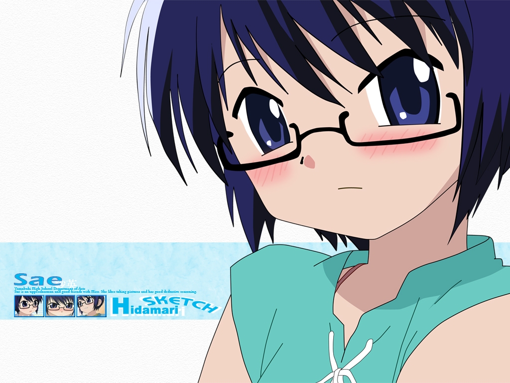 sae (hidamari sketch), hidamari sketch, 00s, blue eyes, blue hair, glasses, short hair, solo