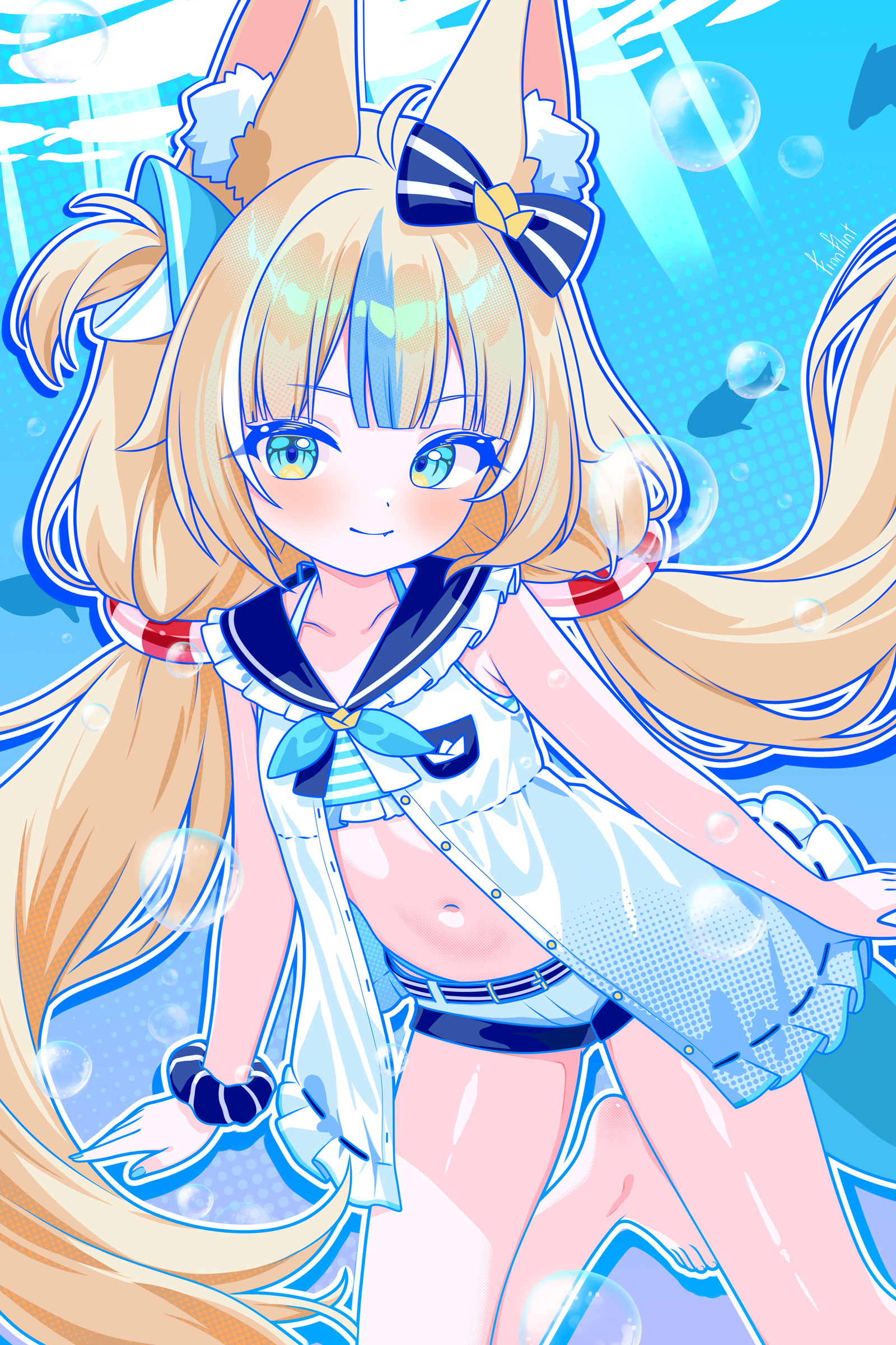finn flint, sameko saba, indie virtual youtuber, absurdres, highres, 1girl, ahoge, animal ear fluff, animal ears, bikini, bikini under clothes, blonde hair, blue bikini, blue bow, blue eyes, blue hair, blue sailor collar, blue scrunchie, blunt bangs, bow, cat ears, dress, fang, fins, fish girl, fish tail, frilled sailor collar, frills, hair bow, lifebuoy hair ornament, long hair, looking at viewer, low twintails, multicolored hair, navel, one side up, open clothes, open dress, sailor collar, sailor dress, scrunchie, short shorts, shorts, sidelocks, sleeveless, sleeveless dress, smile, solo, streaked hair, striped bikini, striped clothes, swimsuit, tail, twintails, very long hair, virtual youtuber, white dress, white shorts