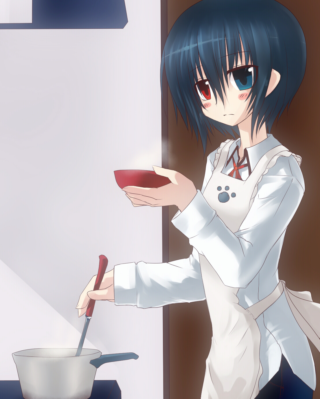 np (edage no hazama), null (nyanpyoun), akatsuki makoto, makoto (original), original, bad id, bad pixiv id, highres, 1girl, androgynous, apron, blush, female focus, food, heterochromia, rice, short hair, solo