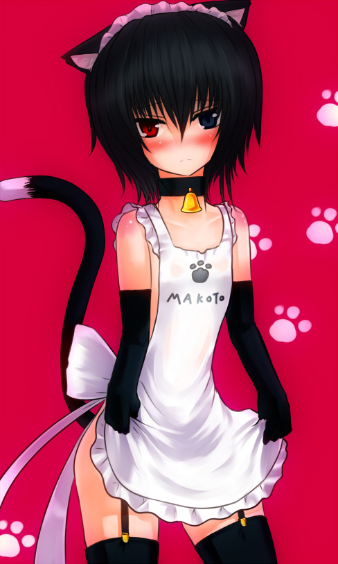 np (edage no hazama), null (nyanpyoun), akatsuki makoto, makoto (original), original, bad id, bad pixiv id, 1girl, androgynous, animal ears, apron, bell, belt, black thighhighs, cat ears, cat tail, choker, female focus, heterochromia, solo, tail, thighhighs
