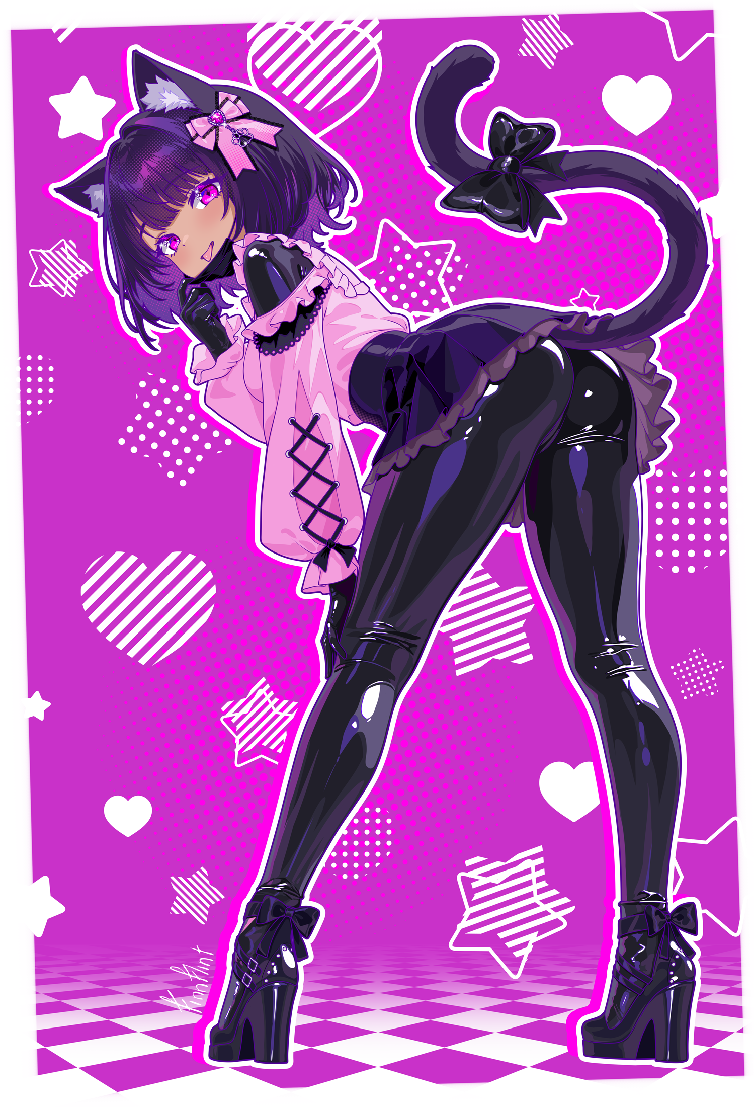 finn flint, finn flint (vtuber), original, highres, 1girl, animal ears, ass, bent over, black bodysuit, black mask, bodysuit, bodysuit under clothes, cat ears, cat girl, cat tail, dark-skinned female, dark skin, frilled skirt, frills, full body, heart, high heels, latex, latex bodysuit, looking at viewer, mask, mouth mask, open mouth, pink background, pink eyes, purple hair, purple shoes, purple skirt, shiny clothes, shoes, short hair, skin tight, skirt, smile, solo, star (symbol), tail, tongue, tongue out