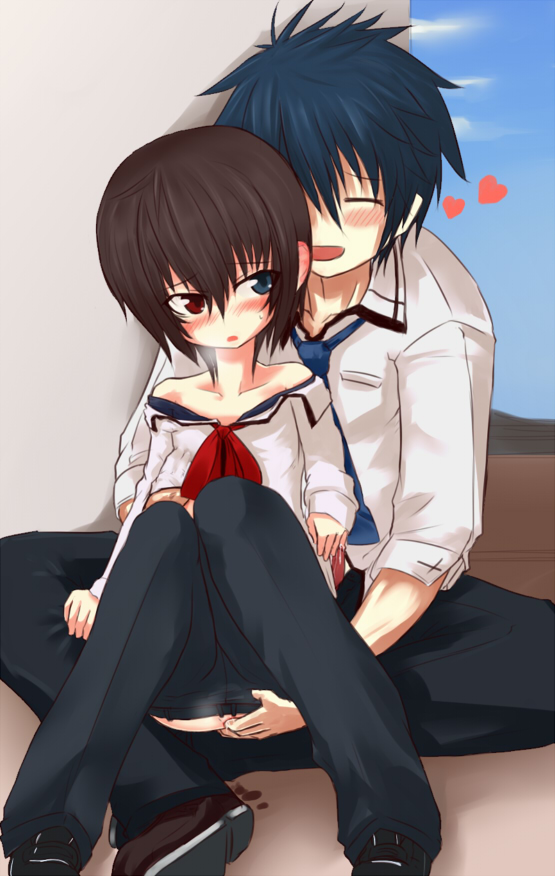 np (edage no hazama), null (nyanpyoun), akatsuki makoto, makoto (original), original, bad id, bad pixiv id, 1boy, 1girl, anal, anal fingering, androgynous, blush, breasts, fingering, grabbing another's breast, groping, heart, hetero, heterochromia, reverse trap, school uniform, serafuku, short hair, small breasts