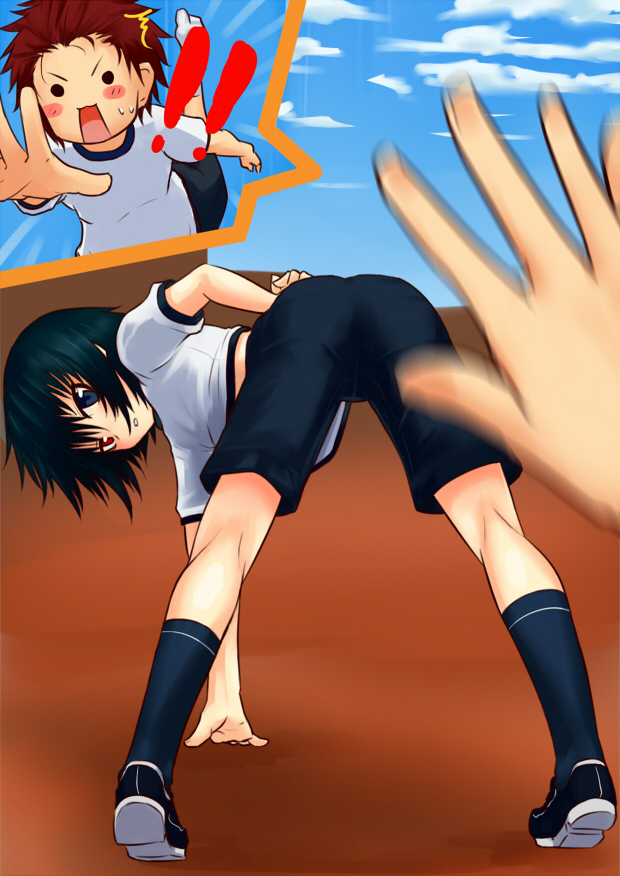 np (edage no hazama), null (nyanpyoun), akatsuki makoto, makoto (original), original, bad id, bad pixiv id, !, !!, 1boy, 1girl, androgynous, black hair, blush, blush stickers, brown hair, gym uniform, heterochromia, kneehighs, kneepits, red eyes, reverse trap, short hair, shorts, socks