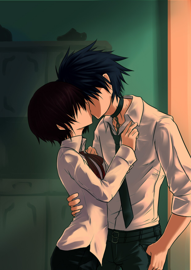 np (edage no hazama), null (nyanpyoun), akatsuki makoto, makoto (original), original, bad id, bad pixiv id, 1boy, 1girl, androgynous, blue hair, brown hair, choker, couple, hetero, kiss, reverse trap, shirt, short hair