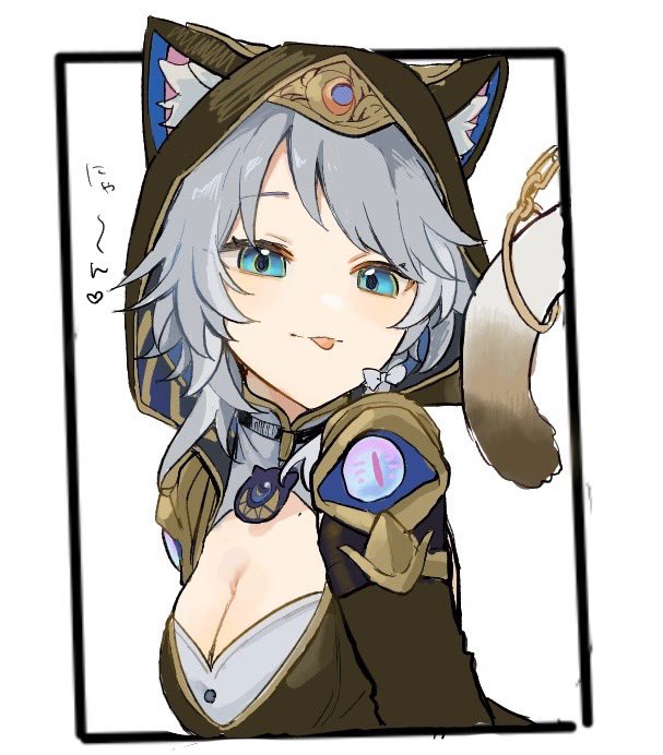 sakura no yoru, cipher (honkai: star rail), honkai: star rail, honkai (series), 1girl, :p, animal ear fluff, animal ears, animal hood, black choker, blue eyes, bow, breasts, cat ears, cat girl, cat hood, cat tail, choker, cleavage, grey hair, hair between eyes, hood, looking at viewer, mole, mole on breast, tail, tongue, tongue out, upper body, white background, white bow, white streaks
