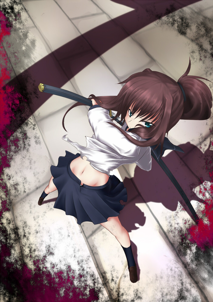 np (edage no hazama), null (nyanpyoun), bad id, bad pixiv id, 1girl, brown hair, female focus, katana, long hair, ponytail, school uniform, serafuku, skirt, solo, sword, weapon