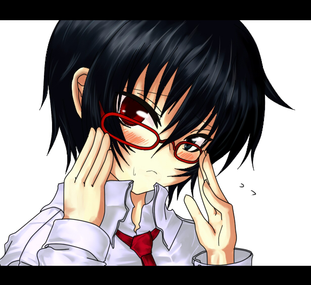 np (edage no hazama), null (nyanpyoun), akatsuki makoto, makoto (original), original, bad id, bad pixiv id, 1girl, :<, adjusting eyewear, androgynous, black hair, blush, female focus, glasses, heterochromia, letterboxed, red-framed eyewear, reverse trap, short hair, solo, upper body