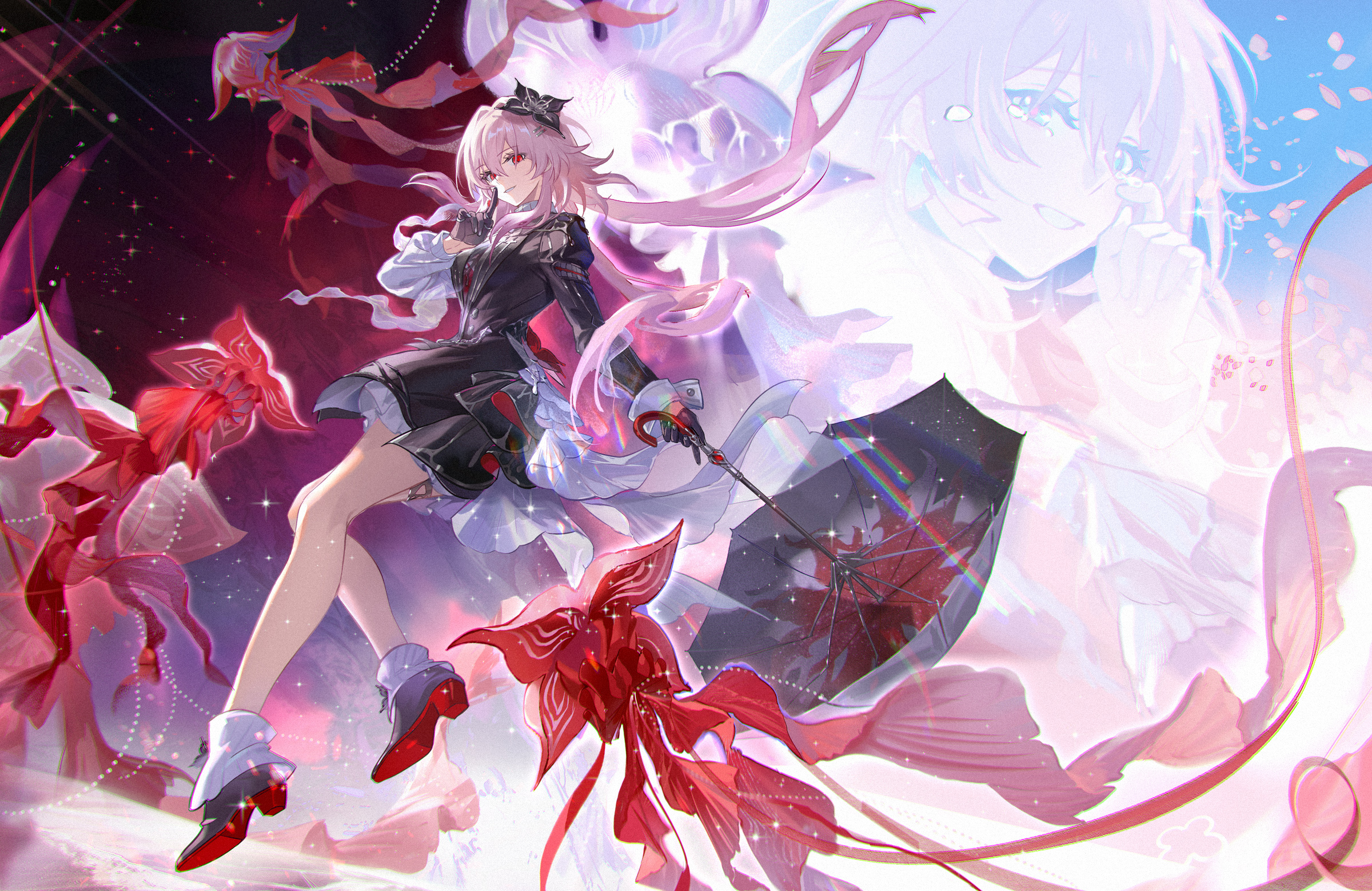achyue, evernight (honkai: star rail), march 7th (honkai: star rail), march 7th (preservation) (honkai: star rail), honkai: star rail, honkai (series), commentary request, highres, 1girl, black boots, black dress, black flower, black gloves, black umbrella, boots, dress, dual persona, flower, flower ornament, full body, gloves, hair between eyes, hair flower, hair ornament, hairclip, holding, holding umbrella, long hair, long sleeves, official alternate costume, official alternate eye color, official alternate hair length, official alternate hairstyle, parallel hairclips, pink hair, red eyes, smile, umbrella