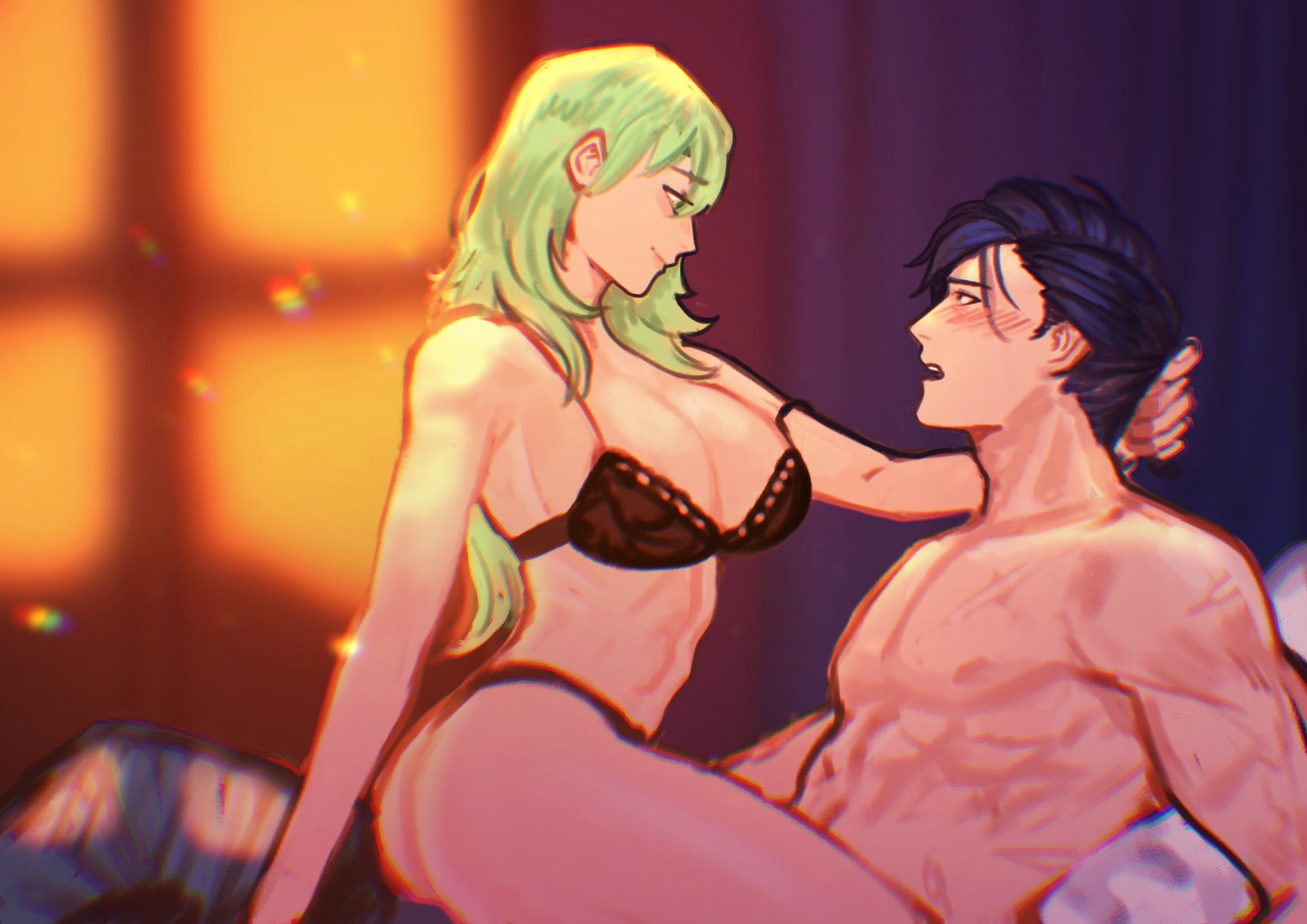 sethkiel, felix hugo fraldarius, felix hugo fraldarius (timeskip), female byleth (awakened) (fire emblem), female byleth (fire emblem), fire emblem, fire emblem: three houses, nintendo, commentary, commission, english commentary, highres, second-party source, 1boy, 1girl, ass, black bra, black hair, black panties, bra, breasts, cleavage, closed mouth, from side, girl on top, green eyes, green hair, hetero, large breasts, long hair, looking at another, open mouth, panties, short hair, smile, stomach, teeth, thighs, topless male, underwear, underwear only, upper teeth only