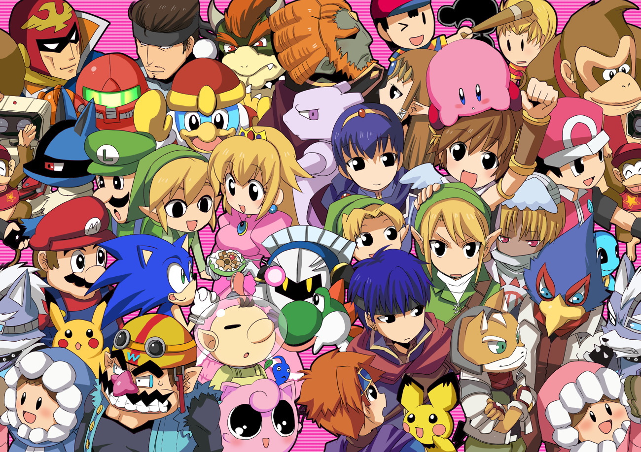 bowser, captain falcon, diddy kong, donkey kong, falco lombardi, family computer robot, fox mccloud, ganondorf, ice climbers, ike (fire emblem), jigglypuff, king dedede, kirby, koopa, link, lucario, lucas (mother 3), luigi, mario, marth (fire emblem), meta knight, mewtwo, mr. game & watch, nana (ice climber), ness (mother 2), olimar, pichu, pikachu, pit (kid icarus), popo (ice climber), princess peach, princess zelda, red (pokemon), red (pokemon frlg), roy (fire emblem), samus aran, sheik, solid snake, sonic the hedgehog, squirtle, toon link, wario, wolf o'donnell, yoshi, donkey kong (series), donkey kong country, f-zero, fire emblem, fire emblem: mystery of the emblem, fire emblem: path of radiance, fire emblem: the binding blade, game & watch, ice climber, kid icarus, kirby (series), mario (series), metal gear (series), metal gear solid, metroid, mother (series), mother 2, mother 3, nintendo, pikmin (series), pokemon, pokemon frlg, sonic (series), star fox, super smash bros., the legend of zelda, the legend of zelda: ocarina of time, the legend of zelda: the wind waker, the legend of zelda: twilight princess, warioware, 00s, 5girls, 6+boys, baseball bat, blush, bracer, child, dual persona, everyone, food, fruit, furry, furry male, gen 1 pokemon, gen 2 pokemon, gen 4 pokemon, legendary pokemon, monkey, multiple boys, multiple girls, pikmin (creature), pointy ears, pokemon (creature), power suit (metroid), quiff, varia suit