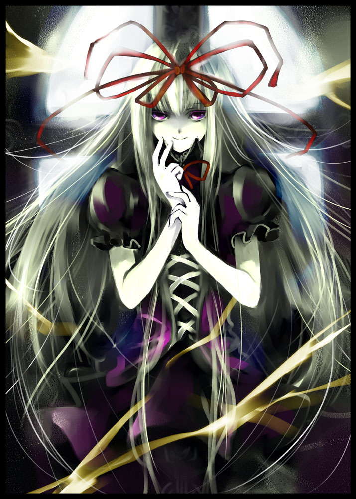 tomasu, tsurukame, yakumo yukari, touhou, 1girl, blonde hair, female focus, long hair, no headwear, purple eyes, ribbon, smile, solo