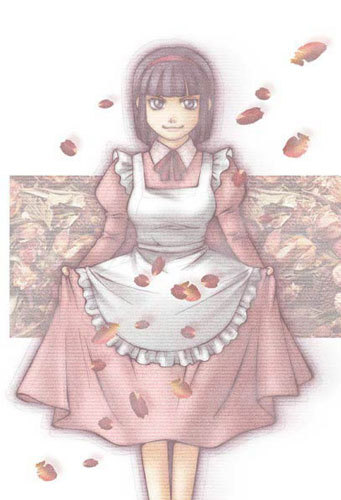 lyra (fma), fullmetal alchemist, lowres, 00s, 1girl, black hair, blunt bangs, bob cut, clothes lift, dress, dress lift, female focus, hairband, maid, petals, short hair, smile, solo