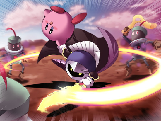 kirby, meta knight, primid, kirby (series), nintendo, super smash bros., armor, boomerang, cape, galaxia (sword), gloves, mask, sword, weapon, yellow eyes