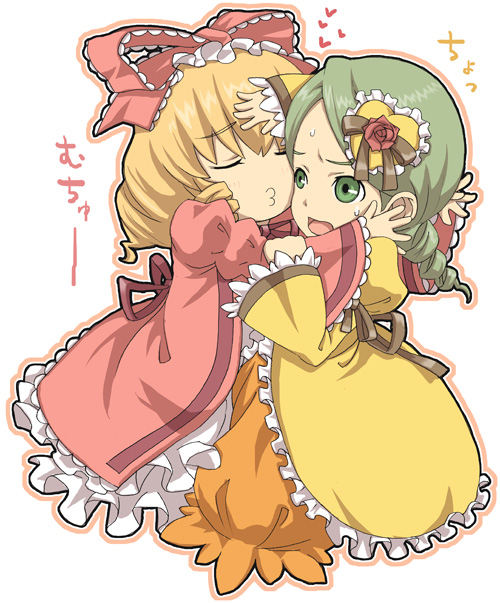 aka (s3637), hinaichigo, kanaria, rozen maiden, 00s, 2girls, blonde hair, bow, closed eyes, kiss, multiple girls, pink bow, yuri