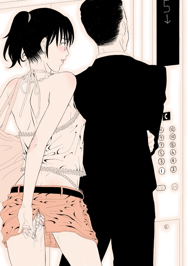 gusu, original, 1boy, 1girl, anal, anal beads, anal object insertion, ass, back, bare shoulders, blush, covered erect nipples, elevator, exhibitionism, flat chest, glasses, hetero, monochrome, no bra, no panties, object insertion, pink theme, ponytail, pubic hair, public indecency, pussy, pussy juice, sepia, sex toy, short hair, skirt, uncensored