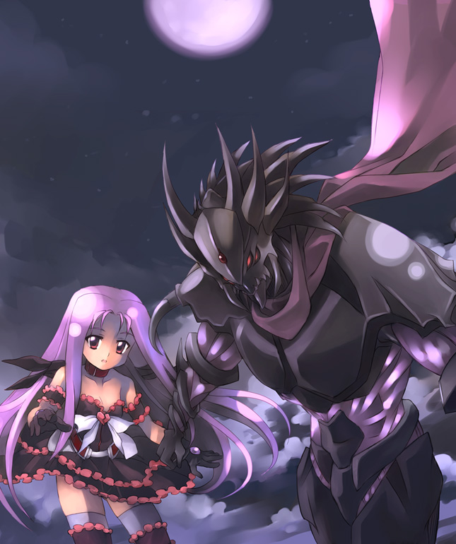 garyu, kouno hikaru, asclepius (nanoha), lutecia, lutecia alpine, lyrical nanoha, mahou shoujo lyrical nanoha, mahou shoujo lyrical nanoha strikers, 00s, 1boy, 1girl, armor, cloud, collar, dress, expressionless, floating hair, frills, full armor, full moon, gloves, long hair, looking at viewer, moon, night, red eyes, scarf, size difference, sky, strapless, strapless dress, thighhighs, very long hair, zettai ryouiki