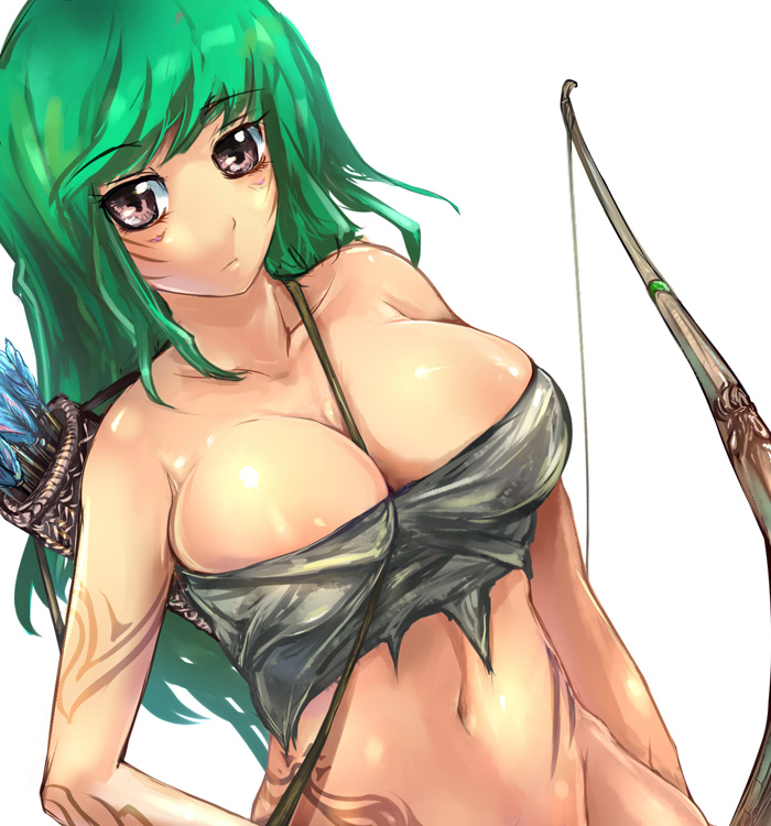 suoni (deeperocean), original, bad id, bad pixiv id, 1girl, amazon warrior, arrow (projectile), bare shoulders, between breasts, bow (weapon), breasts, brown eyes, cleavage, collarbone, dutch angle, facial mark, female focus, green hair, huge breasts, long hair, looking at viewer, navel, quiver, serious, simple background, solo, strapless, tattoo, weapon, white background