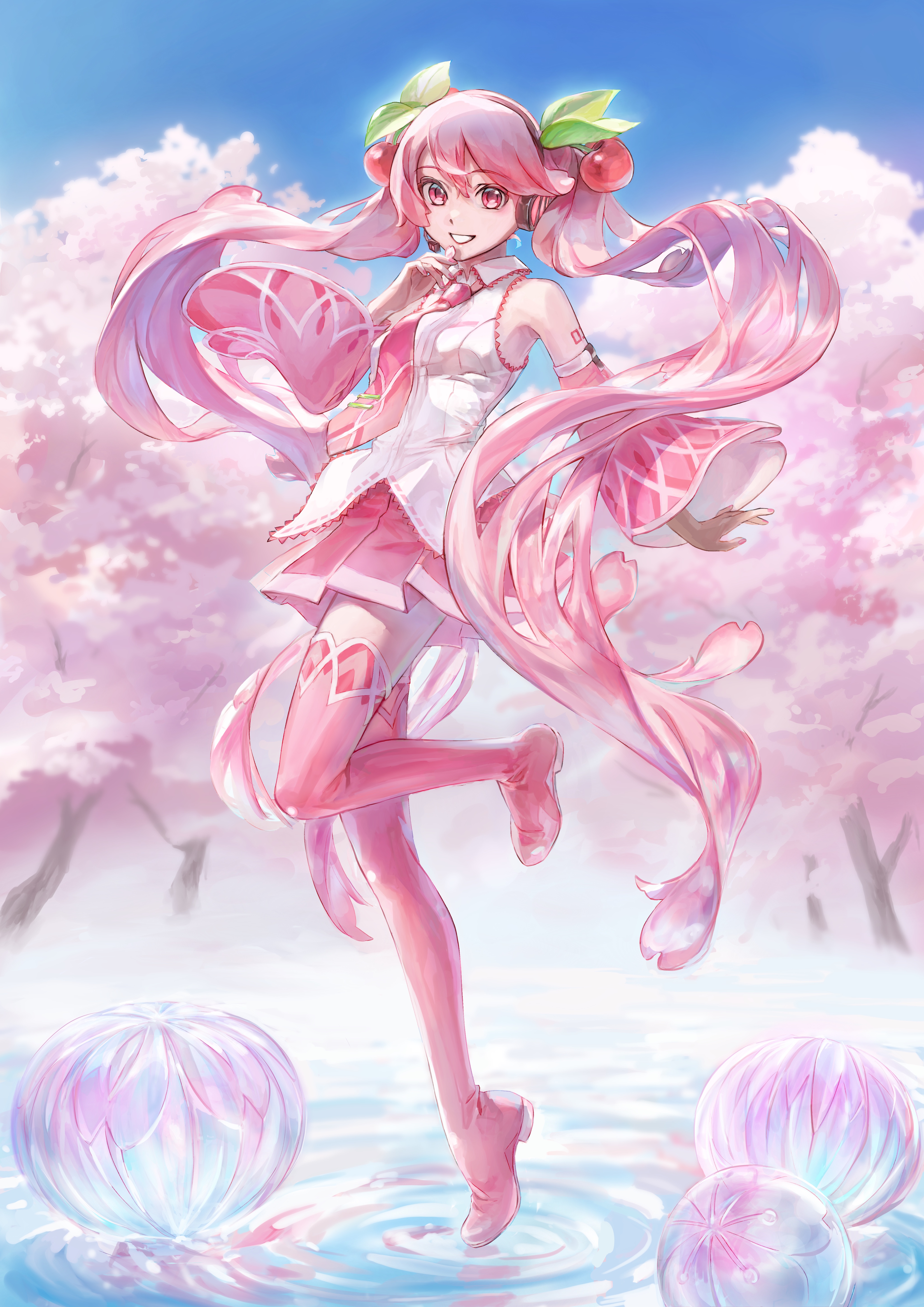 hatsune miku, sakura miku, vocaloid, absurdres, highres, 1girl, aquamarine-yakipurin, arm tattoo, boots, breasts, cherry blossoms, cherry hair ornament, collared shirt, detached sleeves, food-themed hair ornament, hair between eyes, hair ornament, headset, long hair, long sleeves, looking at viewer, medium breasts, necktie, number tattoo, open mouth, pink eyes, pink hair, pink necktie, pink skirt, pleated skirt, shirt, skirt, sleeveless, sleeveless shirt, smile, solo, tattoo, thigh boots, twintails, very long hair, water, white shirt, wide sleeves