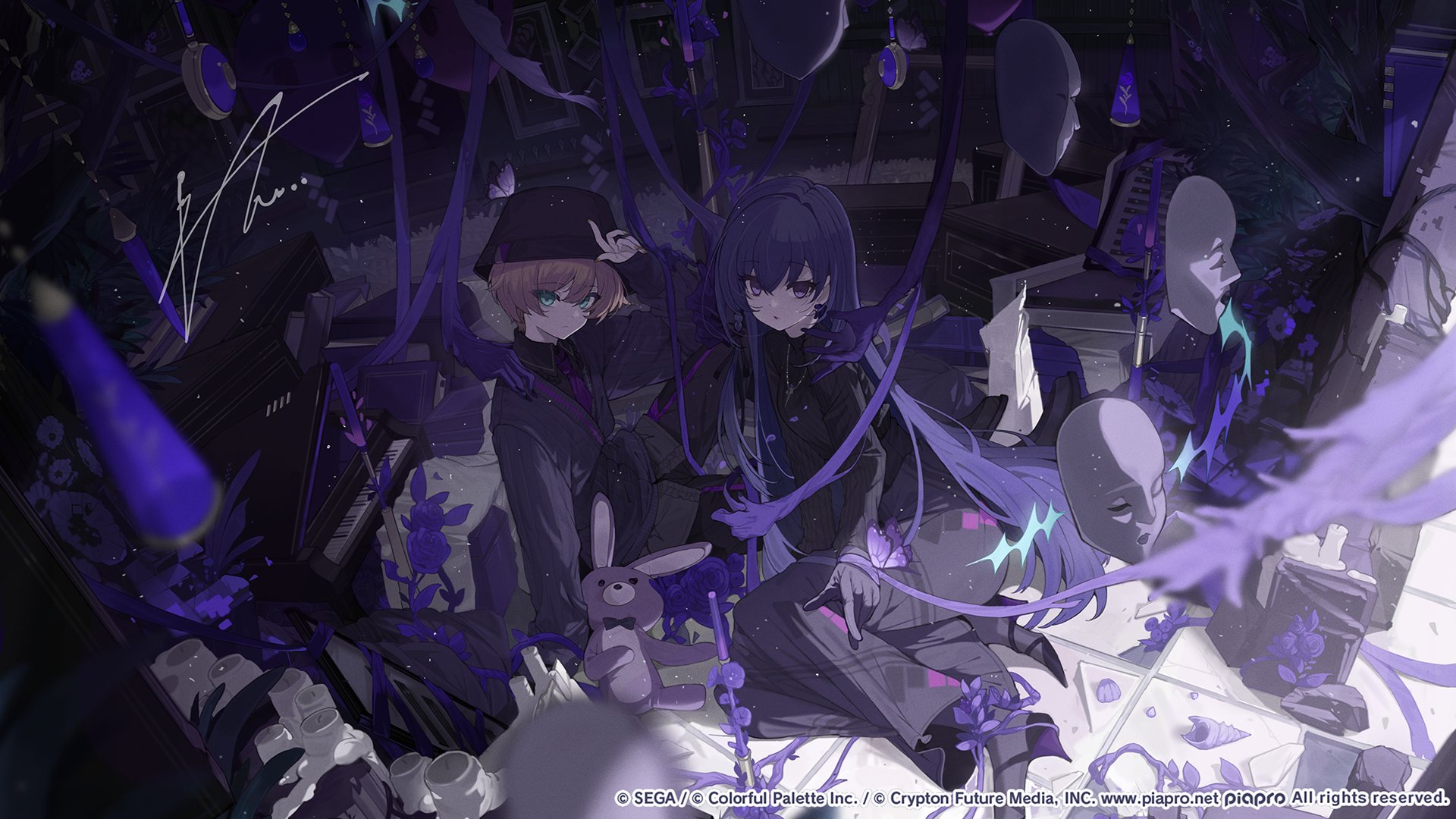 touzai (poppin phl95), 25-ji len, asahina mafuyu, kagamine len, project sekai, vocaloid, commentary request, highres, official art, second-party source, 1boy, 1girl, aqua eyes, arm support, asymmetrical sidelocks, black gloves, black hat, black pants, black shirt, black shoes, black skirt, black sweater, blonde hair, bucket hat, bug, butterfly, candle, closed mouth, collared shirt, conch, copyright notice, countdown illustration, flower, from side, full body, gloves, guest art, hair between eyes, hand up, hat, high heels, insect, instrument, jewelry, knee up, long hair, long skirt, long sleeves, looking at viewer, mask, nail polish, necktie, official alternate costume, official alternate hair length, official alternate hairstyle, on floor, pants, parted lips, pendant, piano, picture frame, purple eyes, purple flower, purple hair, purple necktie, ribbed sweater, seashell, shell, shirt, shoes, short hair, sidelocks, signature, sitting, skirt, soshite hari wa ugokidasu (project sekai), straight hair, strappy heels, stuffed animal, stuffed rabbit, stuffed toy, sweater, turning head, turtleneck, turtleneck sweater, untucked shirt, unworn mask, very long hair, yellow nails, yokozuwari