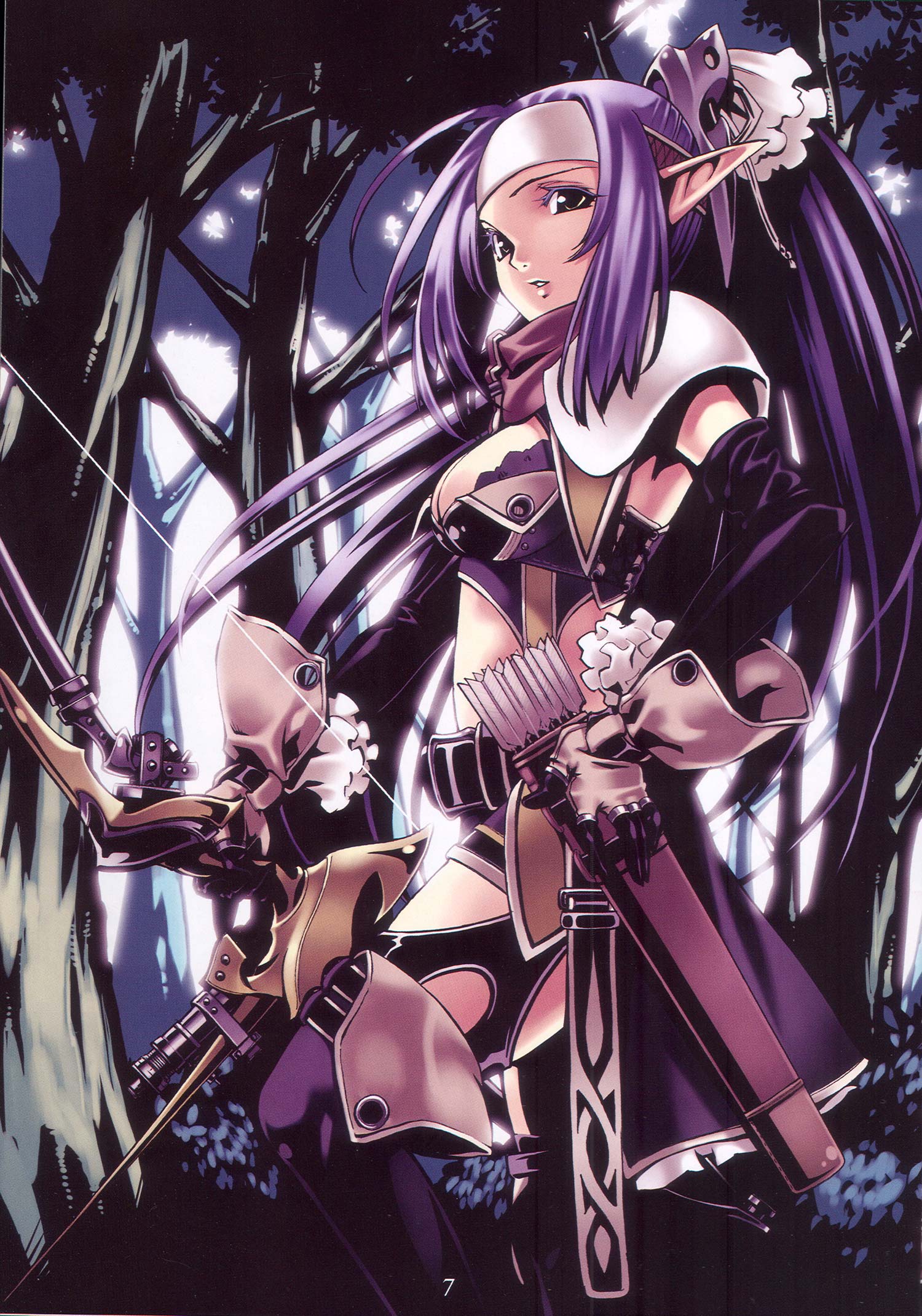 highres, tagme, bow, grey eyes, pointy ears, purple hair, solo, tree