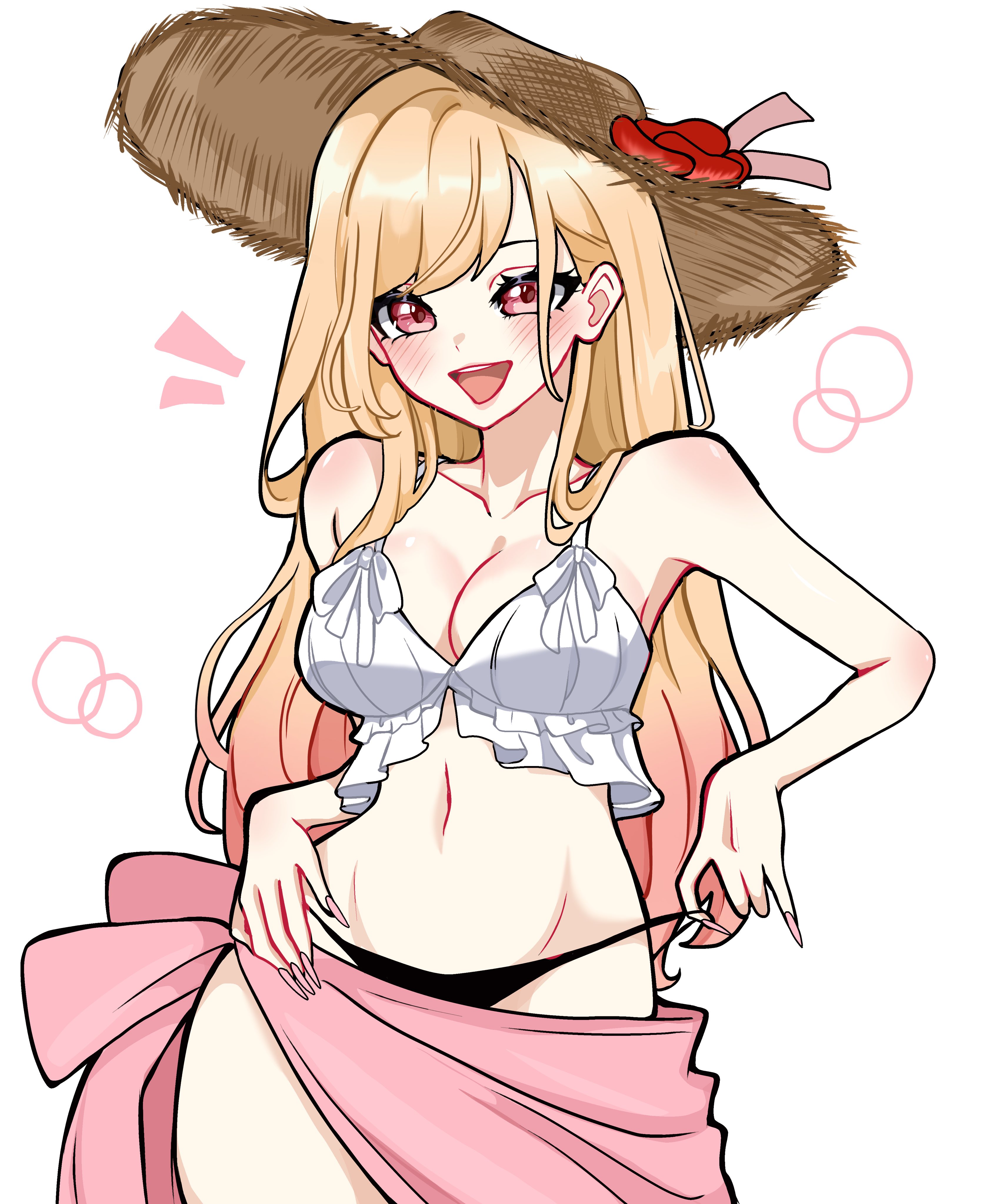 kitagawa marin, sono bisque doll wa koi wo suru, absurdres, highres, 1girl, bare arms, bare shoulders, bikini, bikini bottom only, bikini bottom pull, black bikini, blonde hair, blush, bow, breasts, cleavage, collarbone, fingernails, frills, gradient hair, hat, hat ribbon, long fingernails, long hair, medium breasts, miovartz, mismatched bikini, multicolored hair, narrow waist, navel, open mouth, pink hair, pink sarong, pulling own clothes, red eyes, ribbon, sarong, simple background, smile, solo, stomach, straw hat, swimsuit, thighs, white background, wide hips