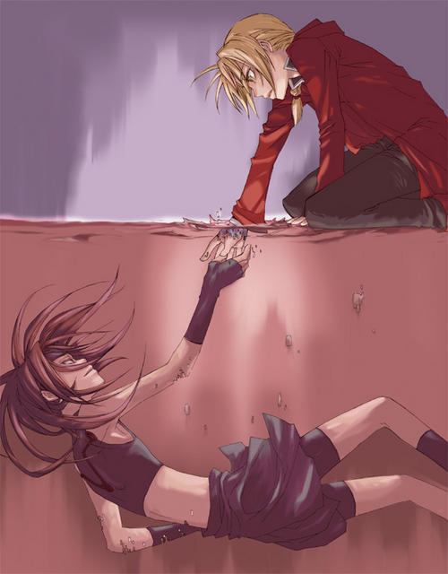 edward elric, envy (fma), fullmetal alchemist, homunculus, 00s, 2boys, androgynous, black hair, blonde hair, braid, coat, fingerless gloves, gloves, headband, kneeling, long hair, male focus, midriff, multiple boys, single braid, skin tight, skirt, sleeveless, submerged, underwater, water, yellow eyes
