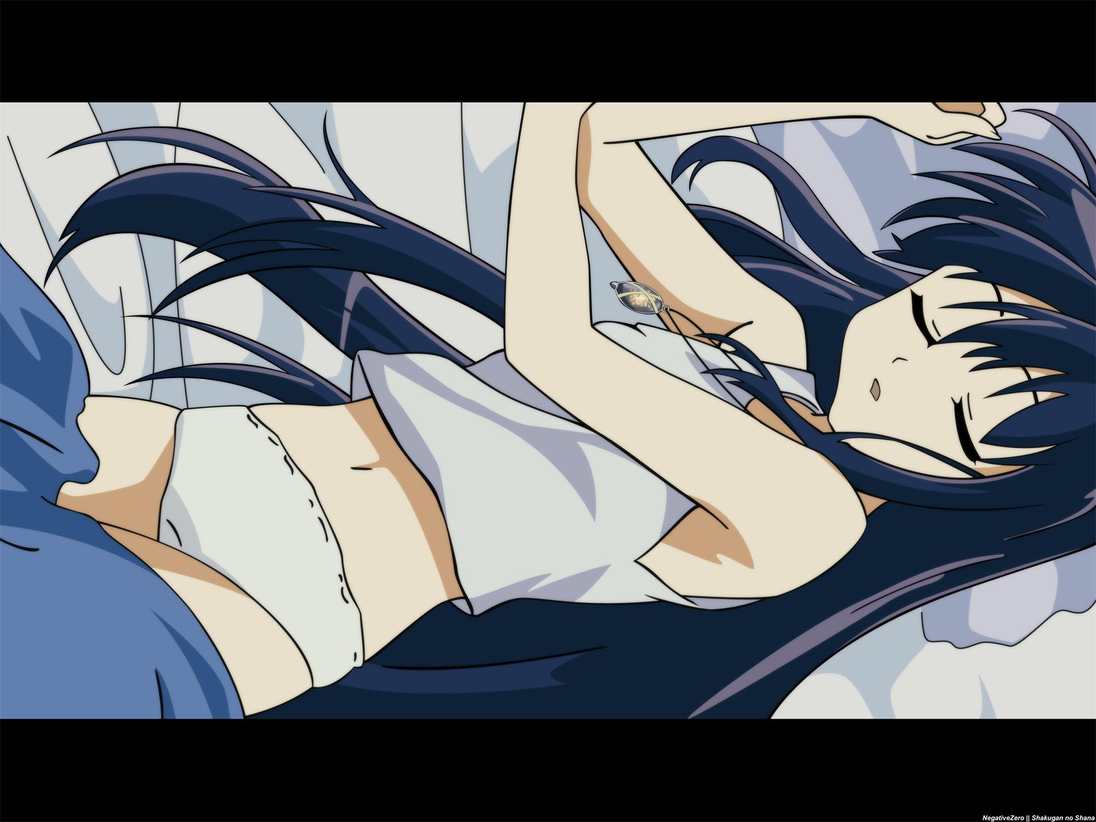 alastor (shakugan no shana), shana, shakugan no shana, derivative work, highres, non-web source, vector trace, 00s, 1girl, bed, black hair, camisole, female focus, jewelry, letterboxed, long hair, navel, panties, pendant, sleeping, solo, underwear