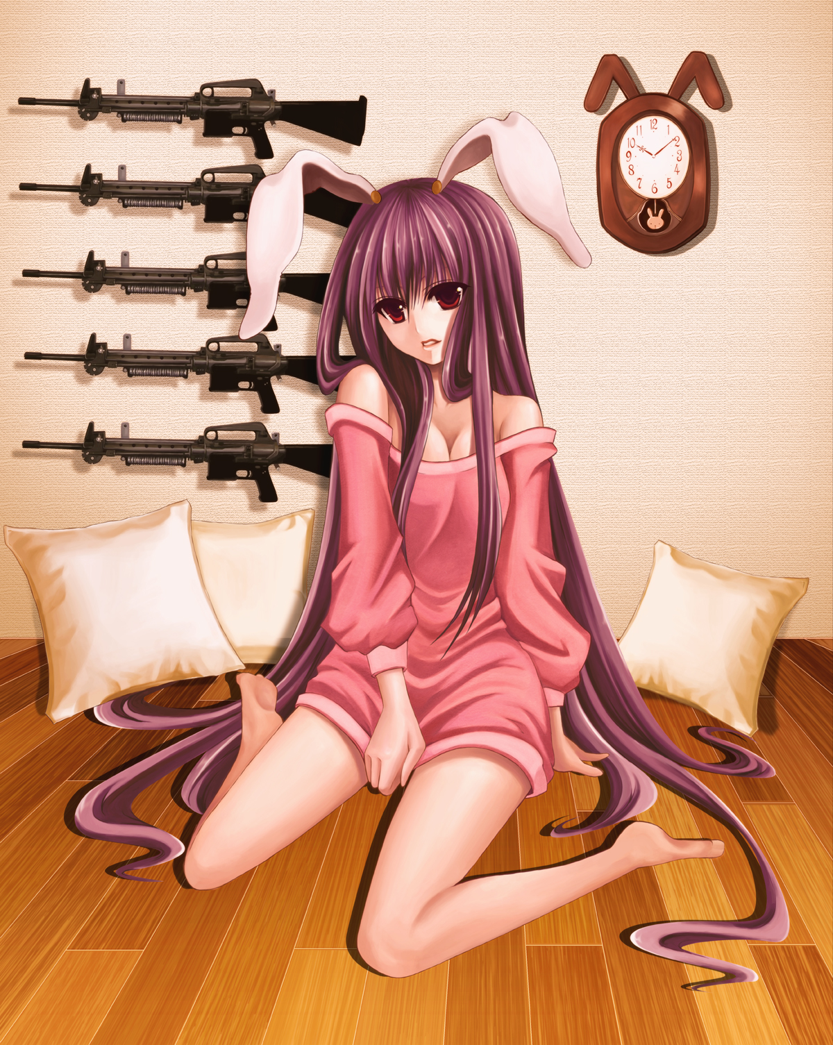 nonoko, yuuka nonoko, reisen udongein inaba, touhou, bad id, bad pixiv id, highres, 1girl, animal ears, ar-10, bad anatomy, bad feet, bare shoulders, barefoot, battle rifle, clock, feet, female focus, gun, legs, long hair, pillow, poorly drawn, purple hair, rabbit ears, red eyes, rifle, sitting, solo, very long hair, wall clock, wariza, weapon, wooden floor