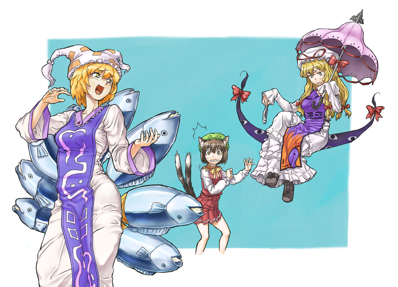 abua, chen, yakumo ran, yakumo yukari, touhou, commentary, 3girls, animal ears, animal hat, blonde hair, brown hair, cat ears, cat girl, cat tail, dress, female focus, fish, fox tail, gap (touhou), hair ribbon, hat, long sleeves, mob cap, multiple girls, multiple tails, parasol, ribbon, scared, short hair, tail, tassel, umbrella, wide sleeves, yellow eyes