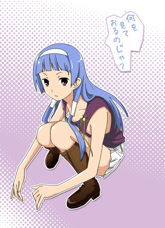 sakebuotoko, nagi, kannagi, bad id, bad pixiv id, translation request, 00s, 1girl, blue hair, blunt bangs, boots, female focus, hair tubes, hairband, long hair, pleated skirt, purple eyes, skirt, solo, squatting, white skirt