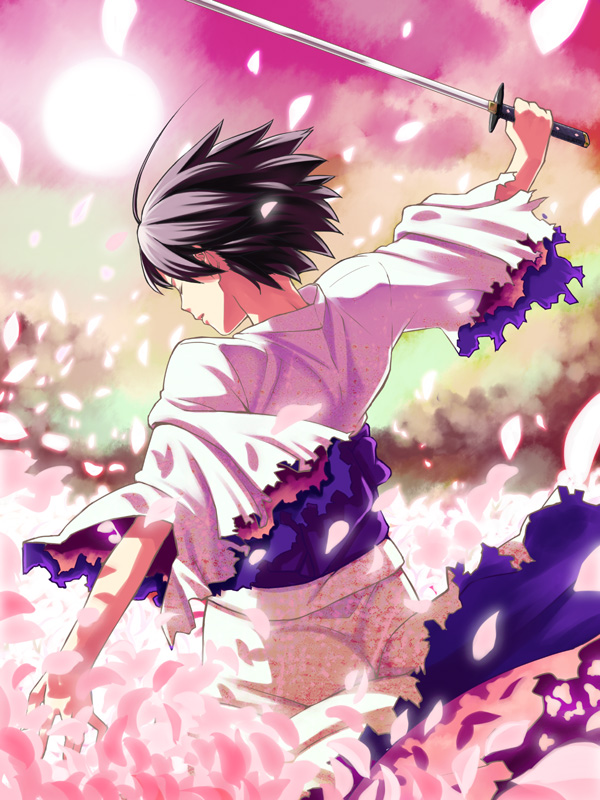 nazo kichi, ryougi shiki, kara no kyoukai, type-moon, black hair, closed eyes, japanese clothes, kimono, petals, short hair, solo, sword, weapon