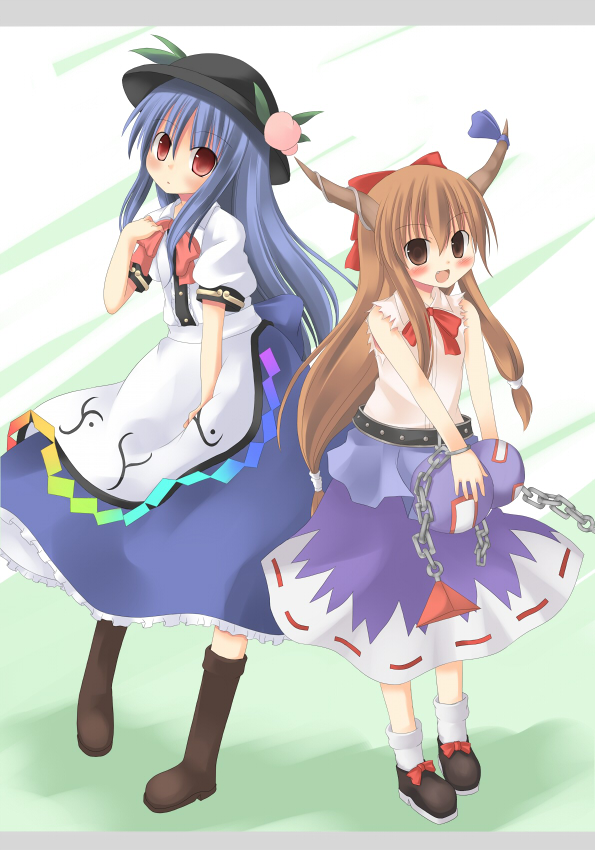 nami (cassette), hinanawi tenshi, ibuki suika, touhou, 2girls, blue hair, blue skirt, blush, bow, bowtie, brown eyes, brown hair, female focus, food, fruit, full body, hair bow, hat, horns, long hair, looking at viewer, multiple girls, oni, peach, puffy short sleeves, puffy sleeves, rainbow order, red bow, red bowtie, red eyes, shirt, short sleeves, skirt, standing, very long hair, white shirt