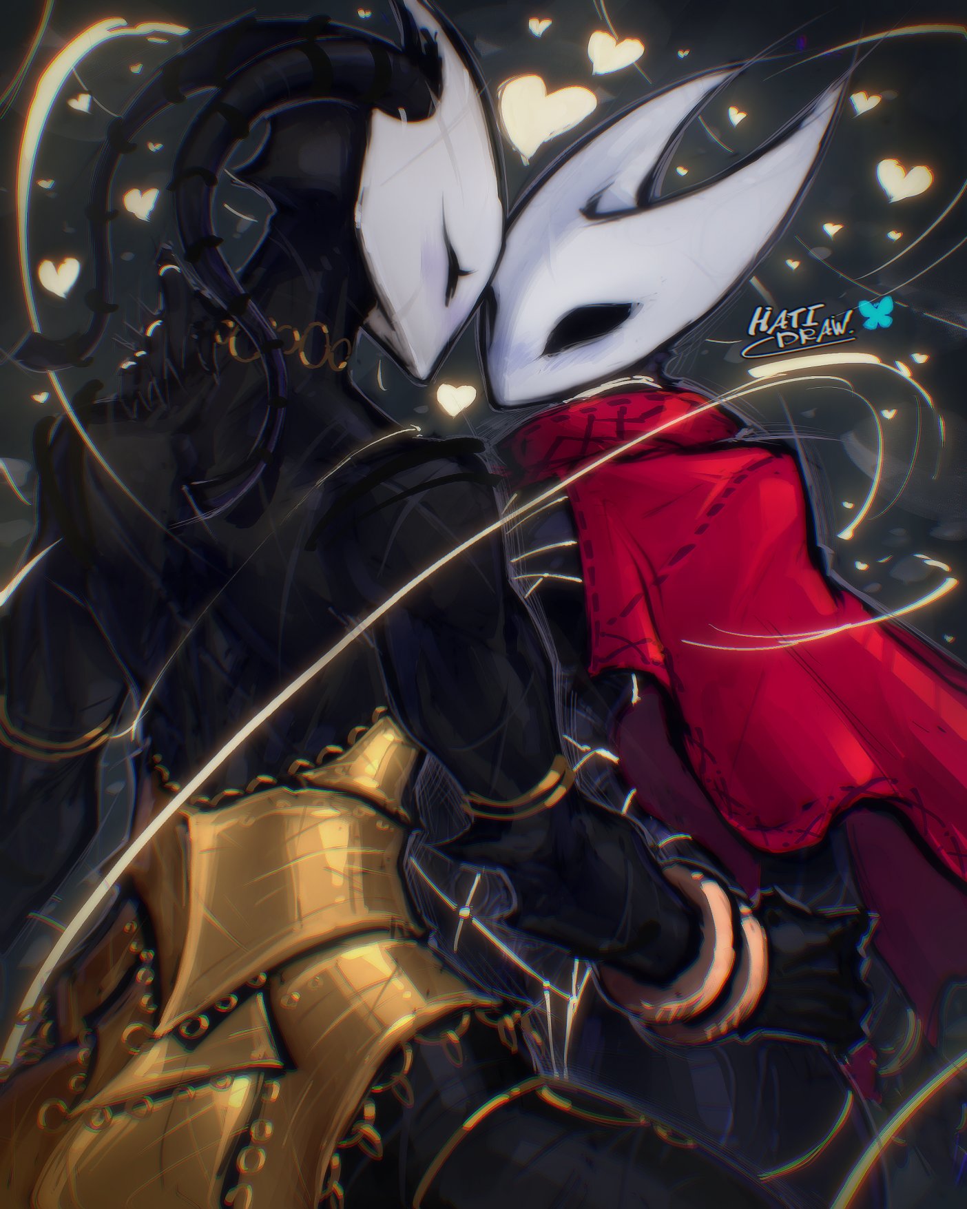 hatidraw, hornet (hollow knight), hollow knight, highres, tagme, 2girls, antennae, armlet, armor, arthropod girl, bracelet, breasts, bug, cape, heart, jewelry, large breasts, multiple girls, necklace, red cape, spikes